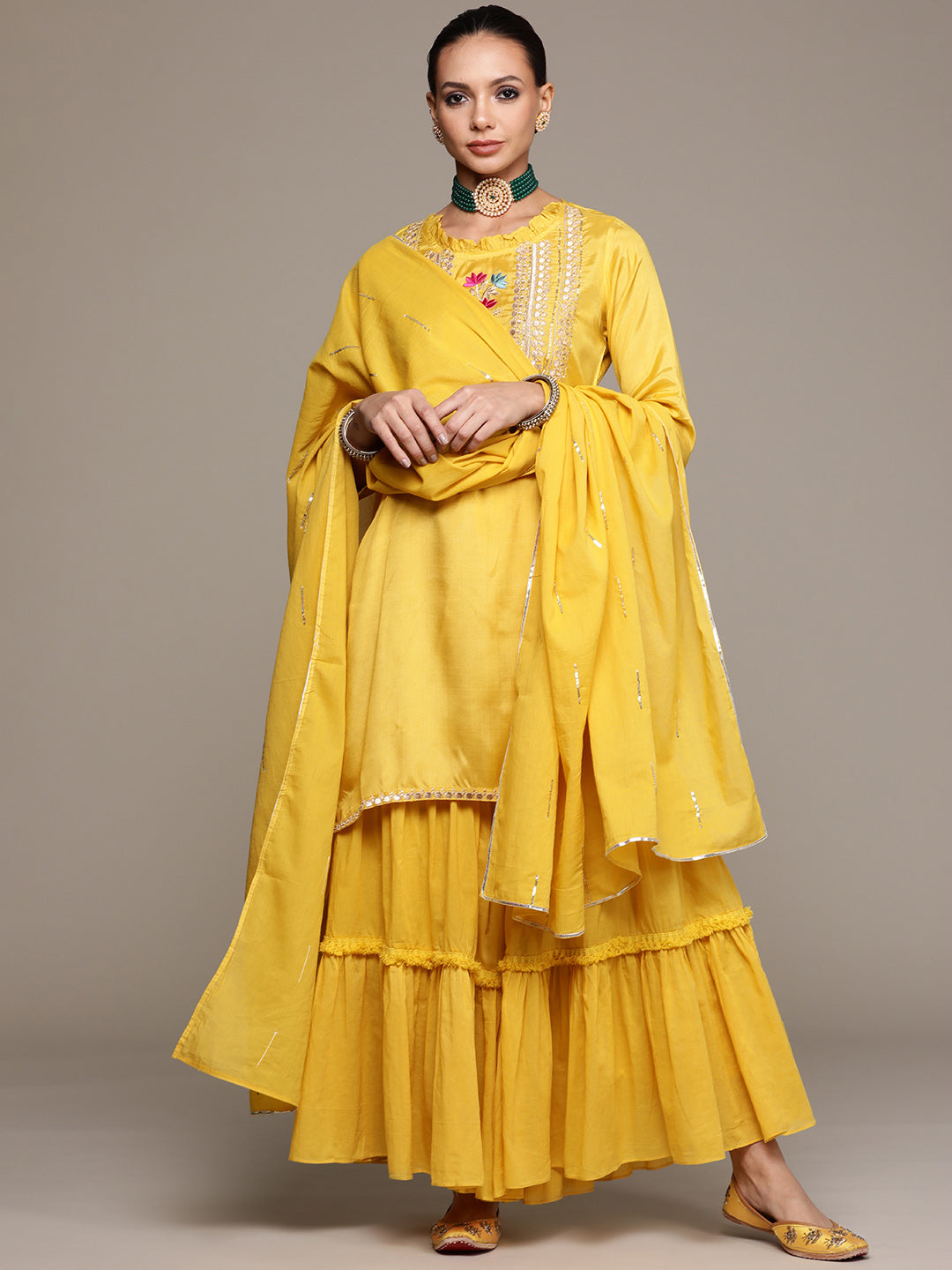 Ishin Women's Yellow Embroidered Straight Kurta with Sharara & Dupatta