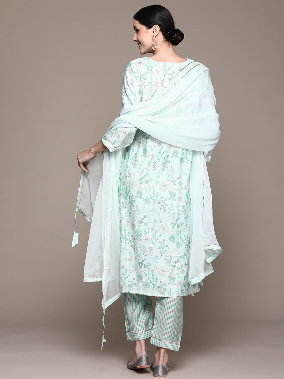 Ishin Women's Blue Embroidered A-Line Kurta with Trouser & Dupatta