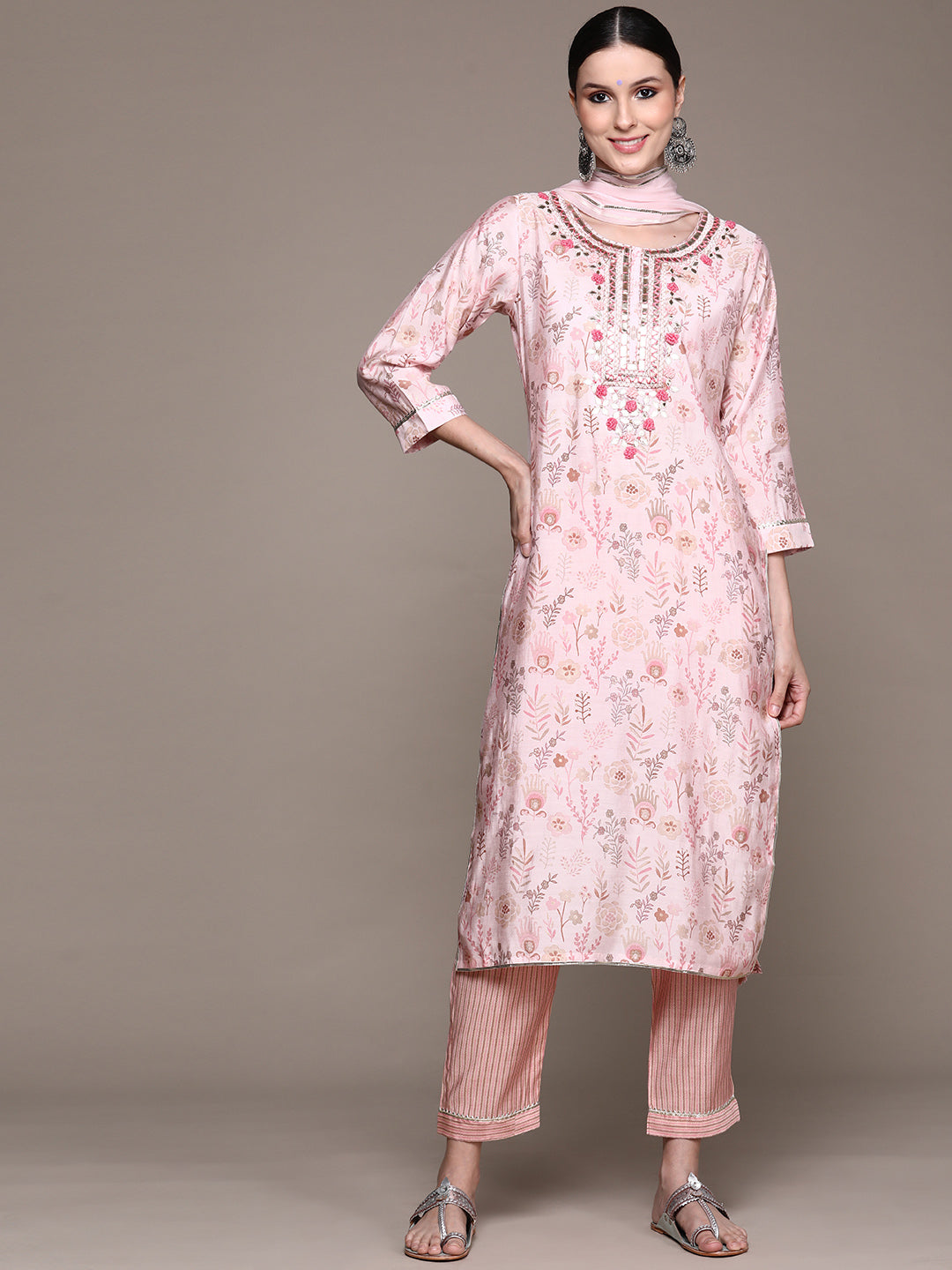 Ishin Women's Pink Embroidered A-Line Kurta with Trouser & Dupatta