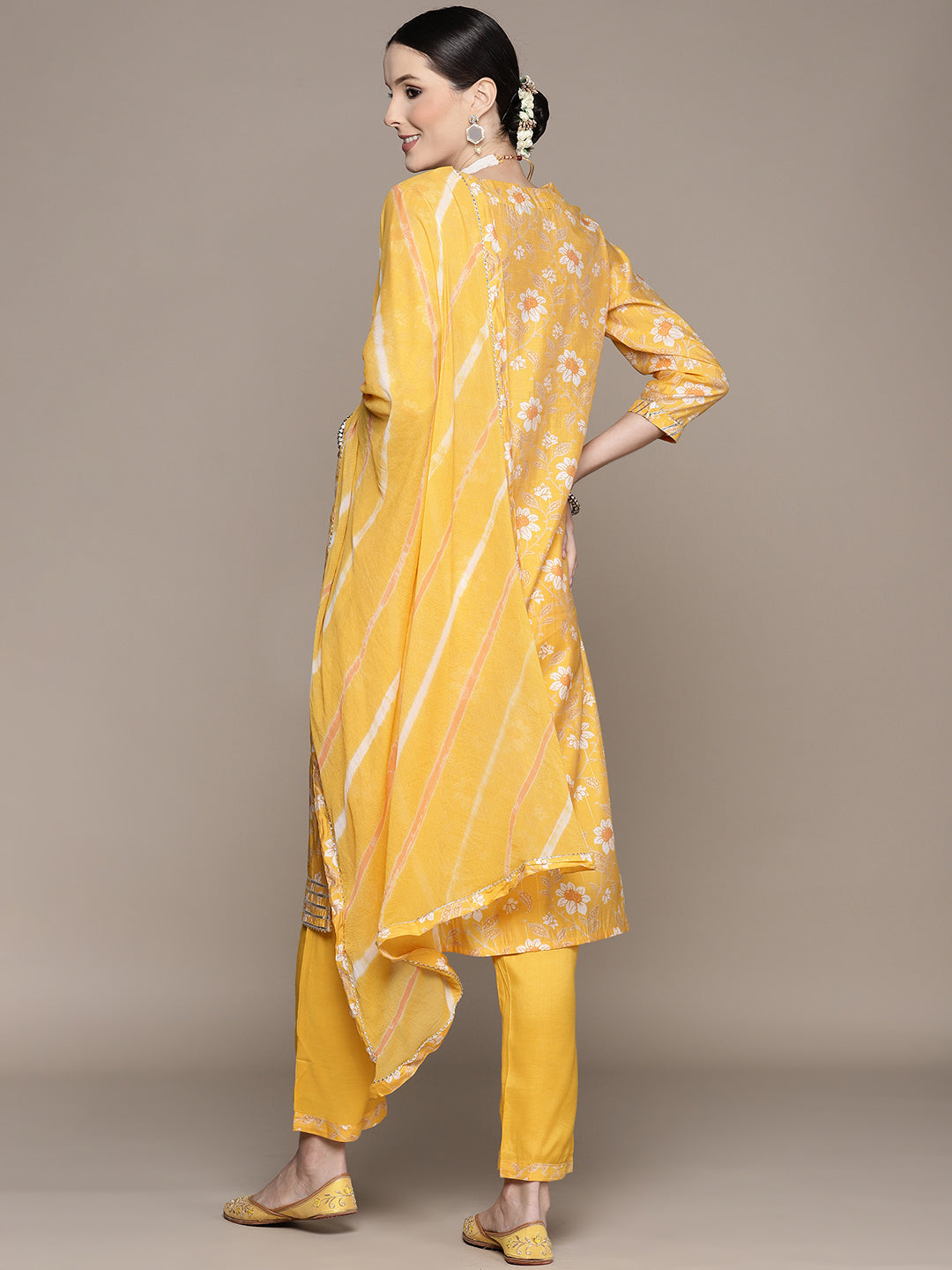 Ishin Women's Yellow Yoke Design A-Line Kurta with Trouser & Dupatta