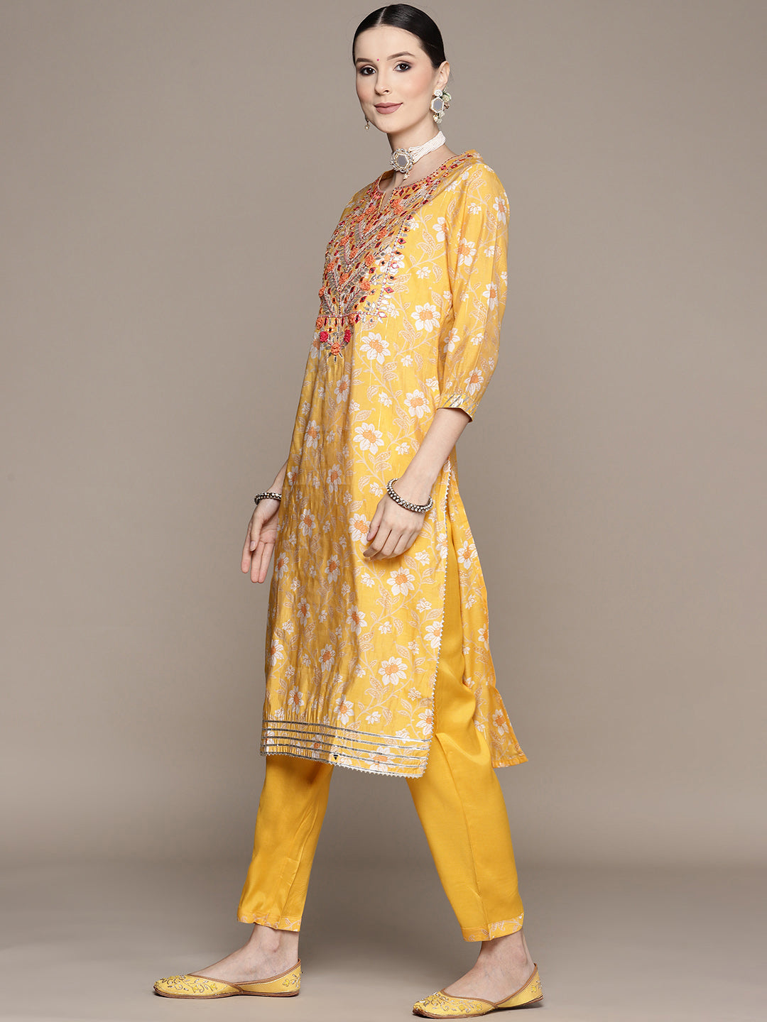 Ishin Women's Yellow Yoke Design A-Line Kurta with Trouser & Dupatta