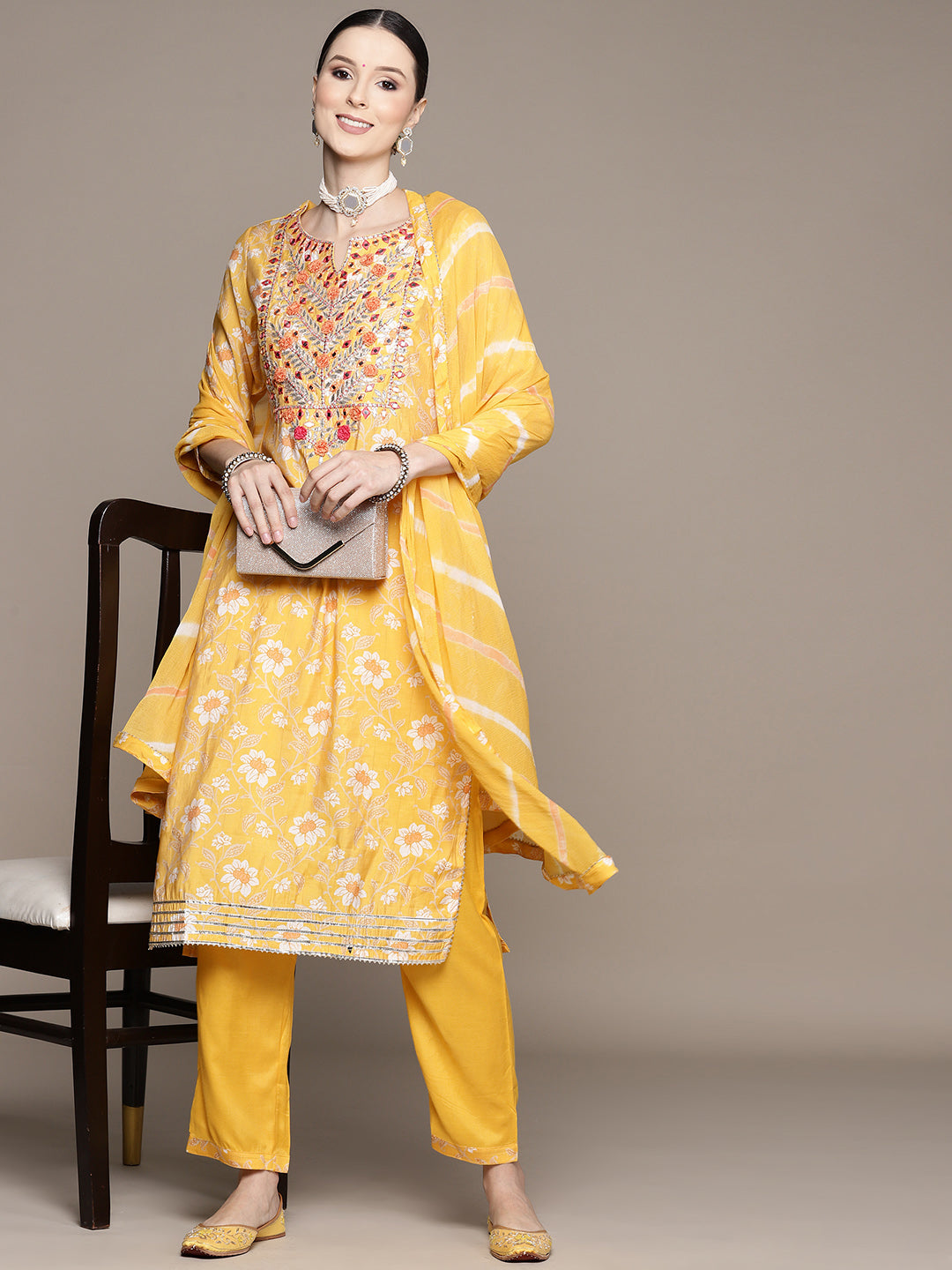 Ishin Women's Yellow Yoke Design A-Line Kurta with Trouser & Dupatta