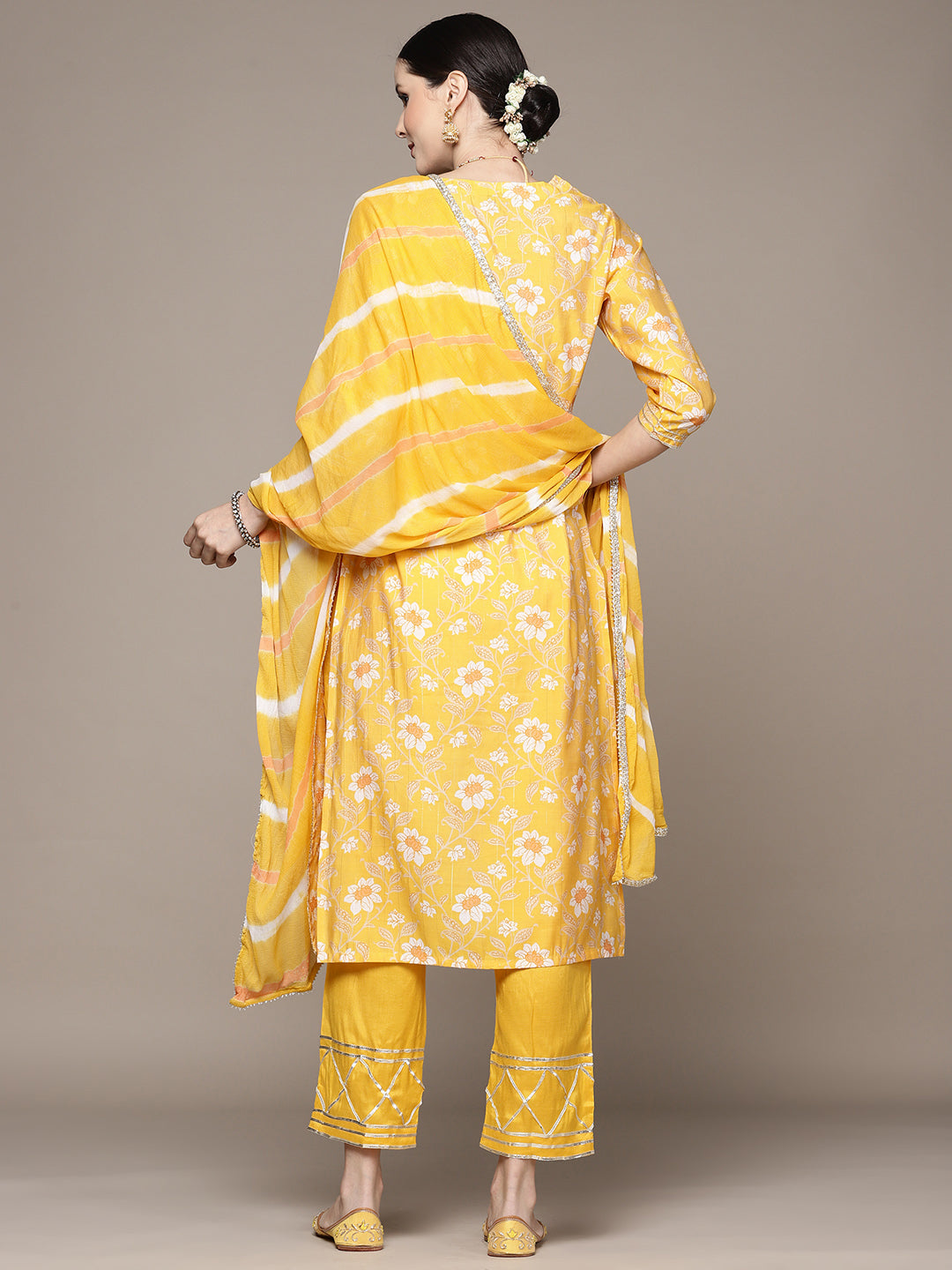 Ishin Women's Yellow Yoke Design A-Line Kurta with Trouser & Dupatta