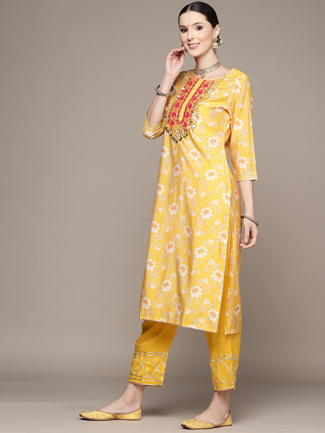 Ishin Women's Yellow Yoke Design A-Line Kurta with Trouser & Dupatta