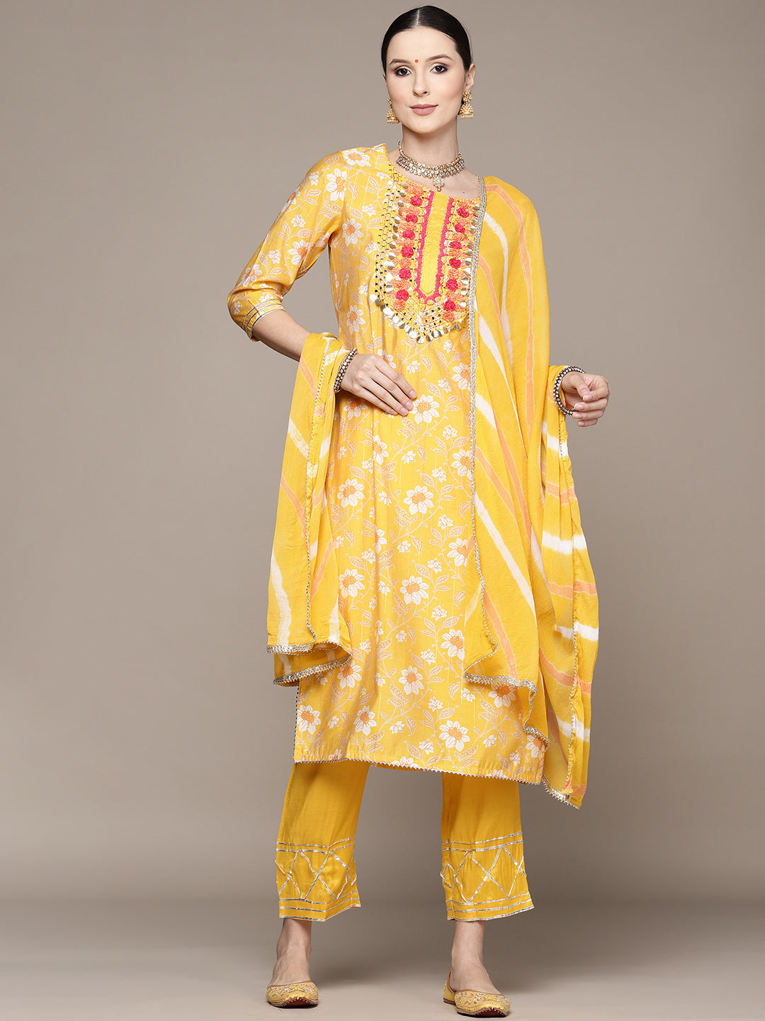 Ishin Women's Yellow Yoke Design A-Line Kurta with Trouser & Dupatta