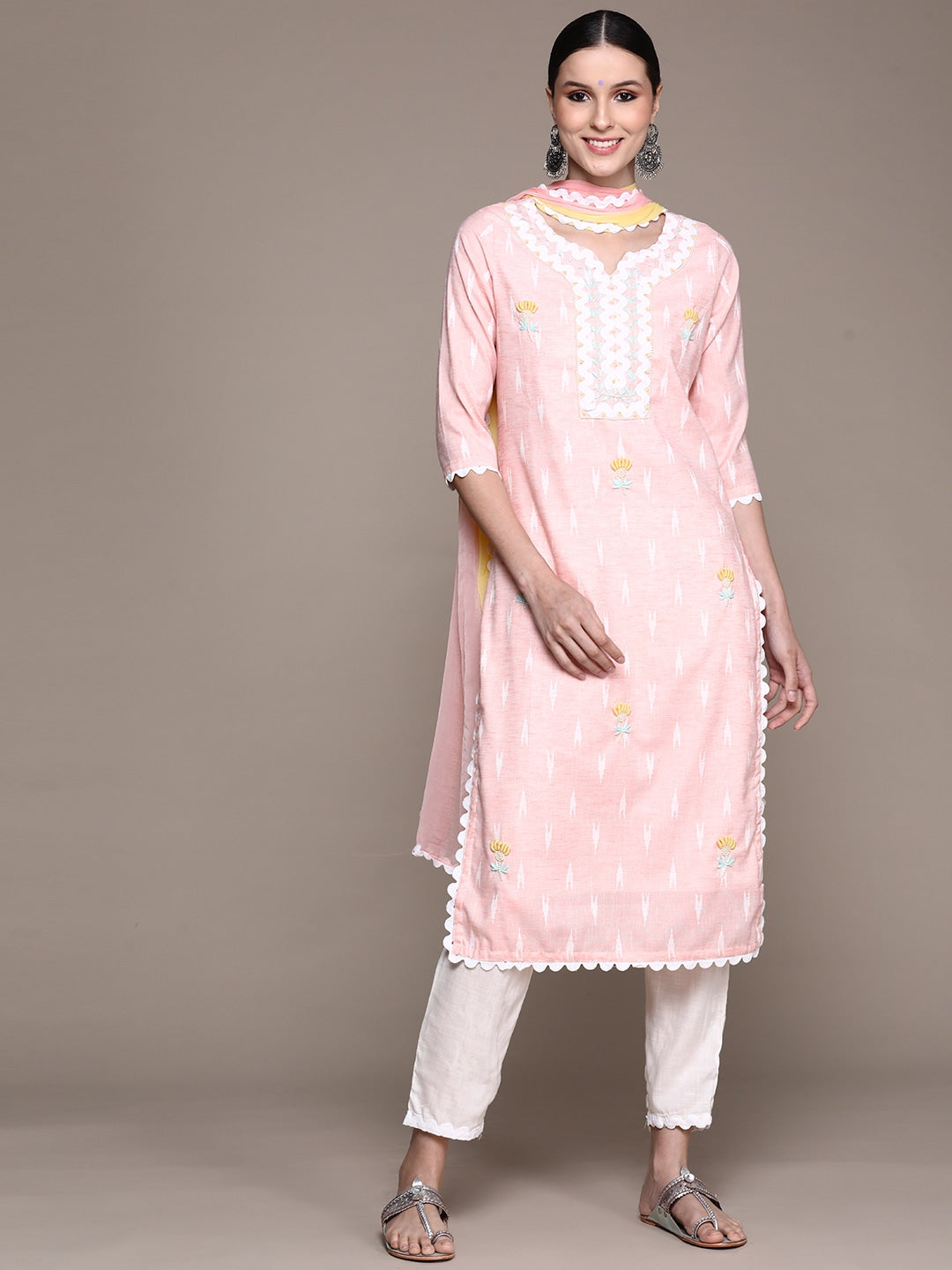 Ishin Women's Pink Embroidered A-Line Kurta with Trouser & Dupatta