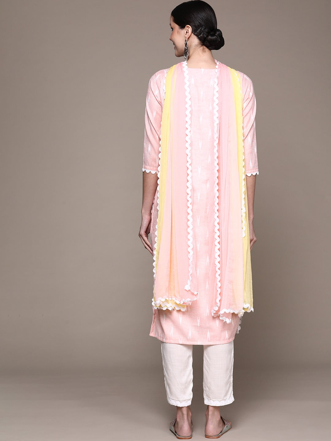 Ishin Women's Pink Embroidered A-Line Kurta with Trouser & Dupatta