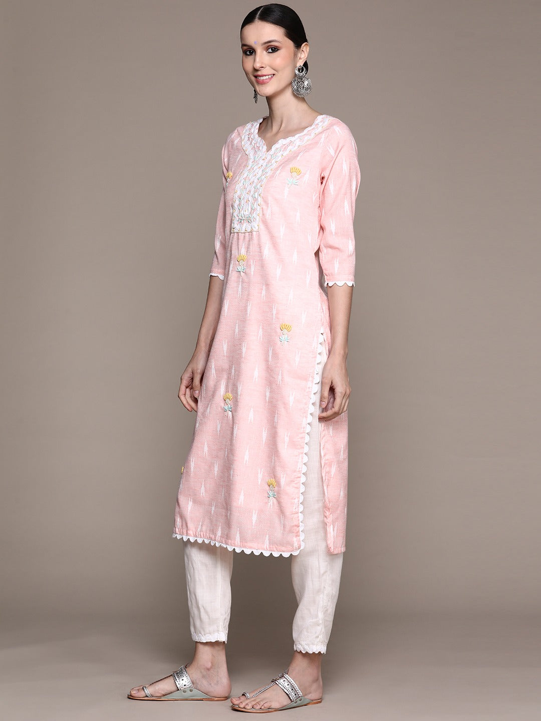 Ishin Women's Pink Embroidered A-Line Kurta with Trouser & Dupatta