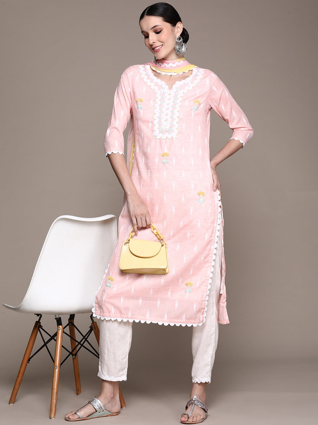 Ishin Women's Pink Embroidered A-Line Kurta with Trouser & Dupatta