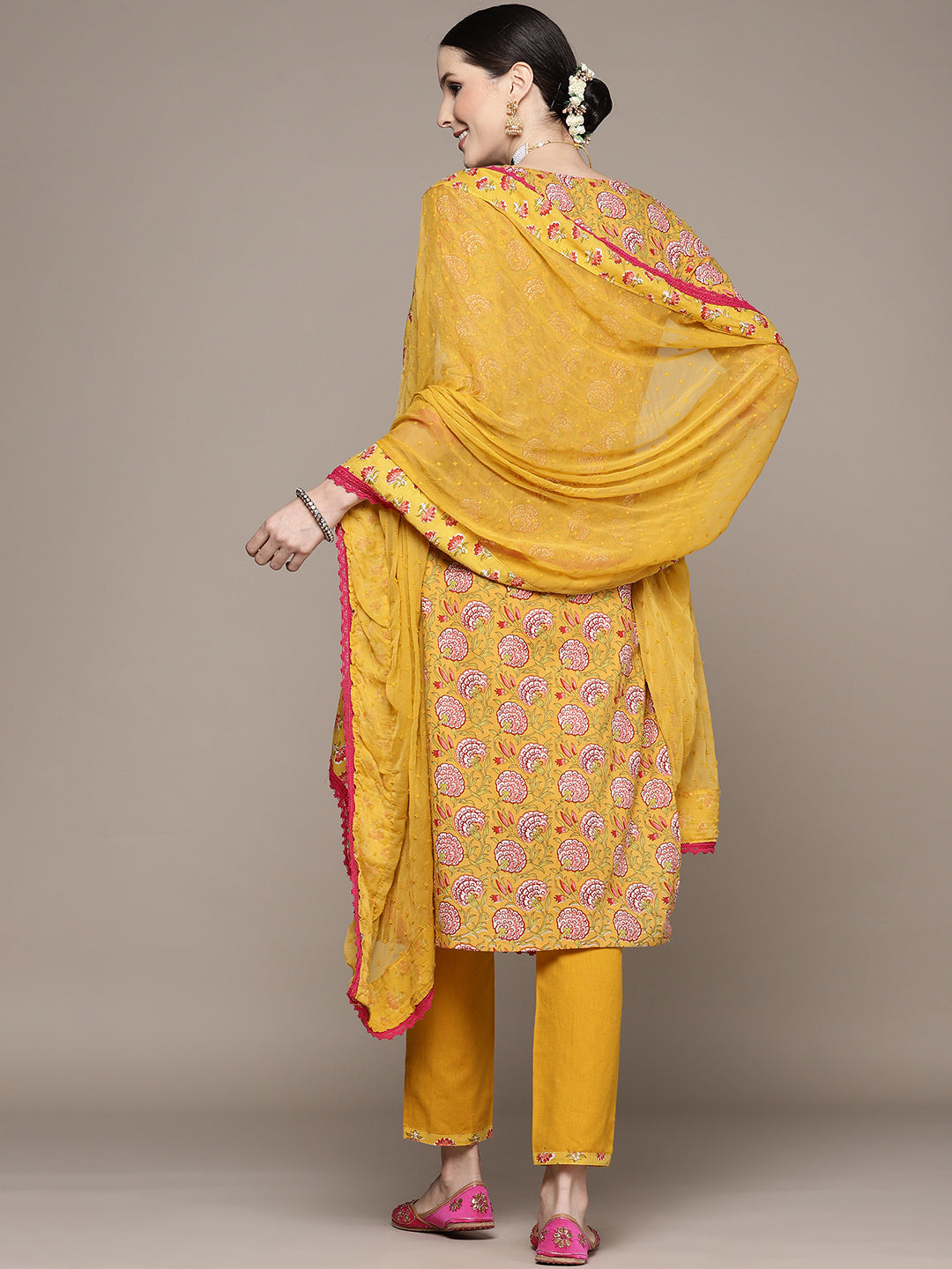 Ishin Women's Mustard Yoke Embroidered Straight Kurta with Trouser & Dupatta