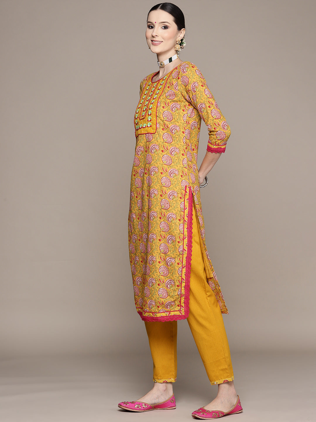 Ishin Women's Mustard Yoke Embroidered Straight Kurta with Trouser & Dupatta