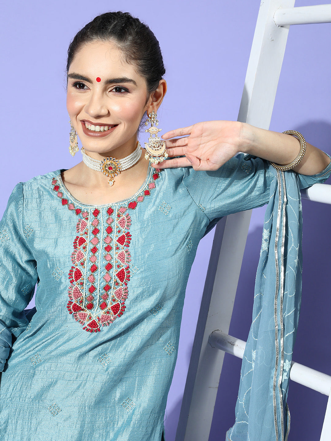 Ishin Women's Blue Embellished A-Line Kurta with Trouser & Dupatta