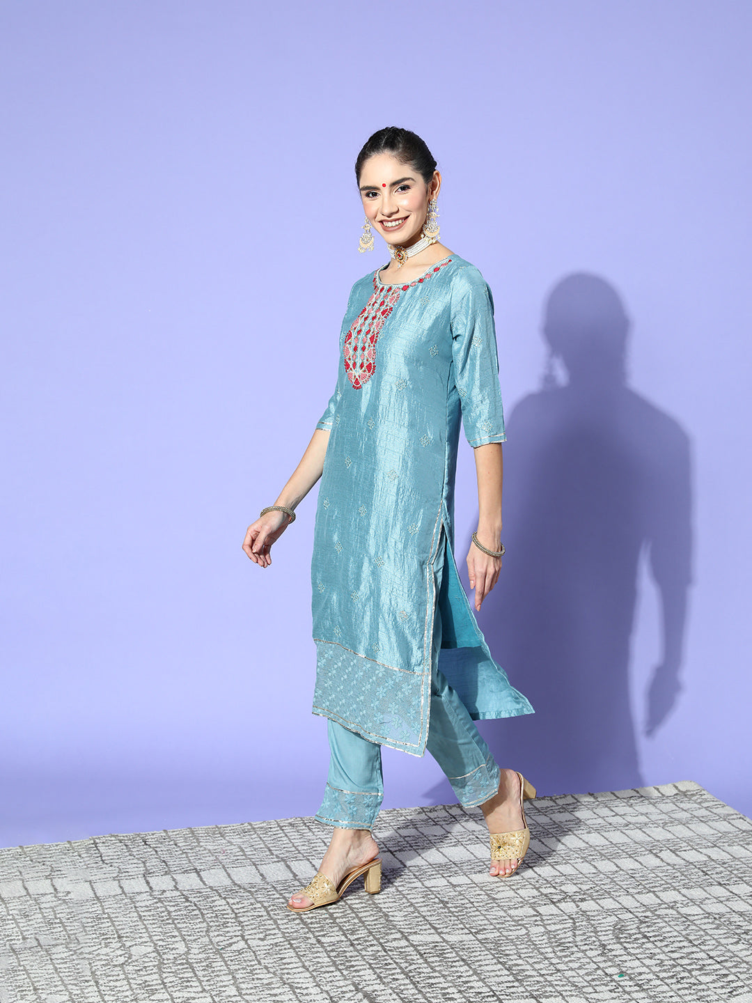 Ishin Women's Blue Embellished A-Line Kurta with Trouser & Dupatta