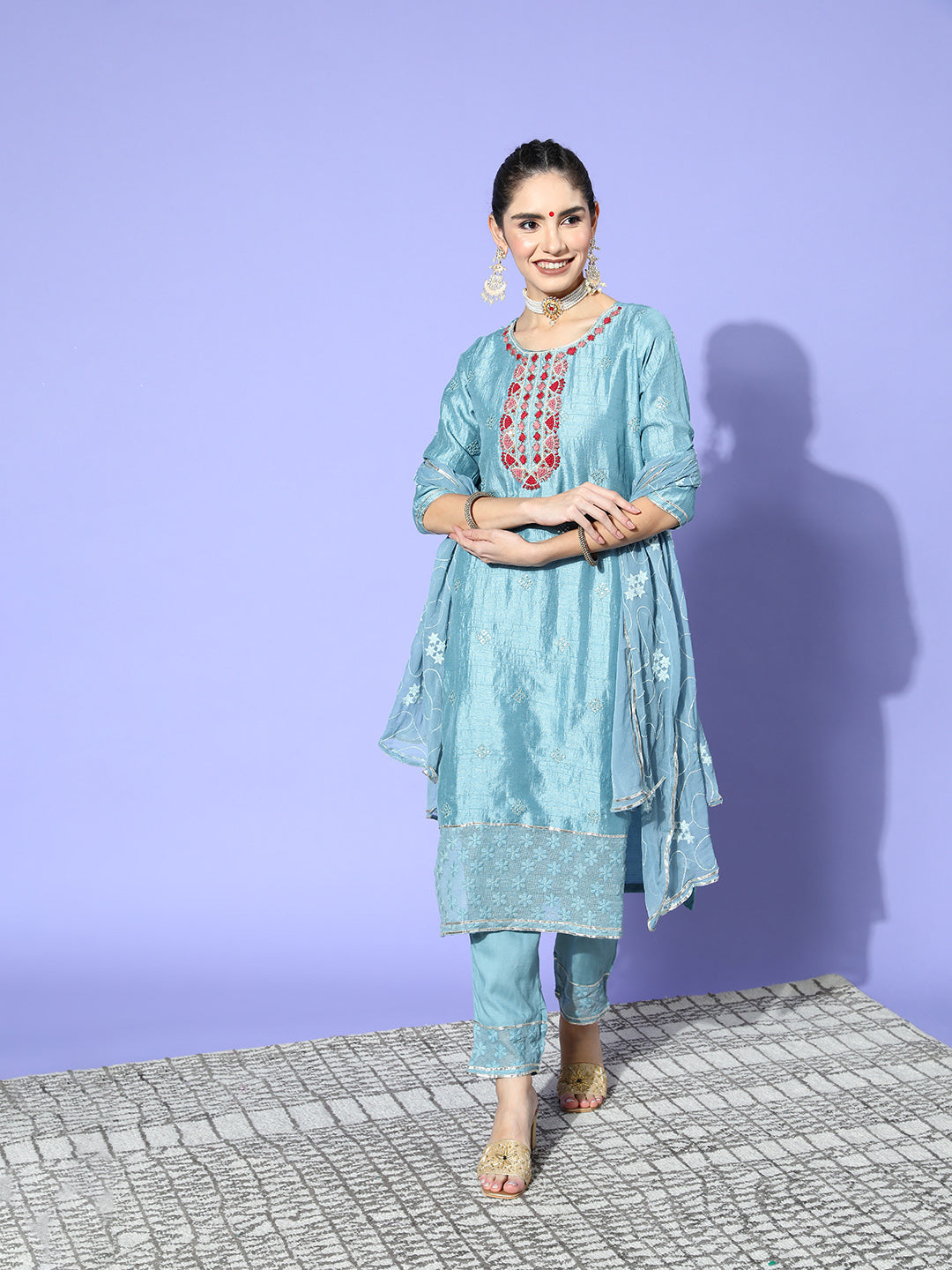 Ishin Women's Blue Embellished A-Line Kurta with Trouser & Dupatta