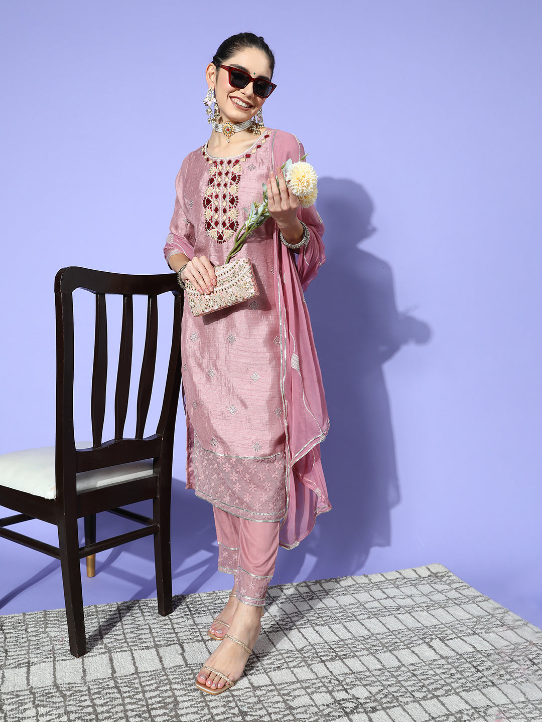 Ishin Women's Mauve Embellished A-Line Kurta with Trouser & Dupatta