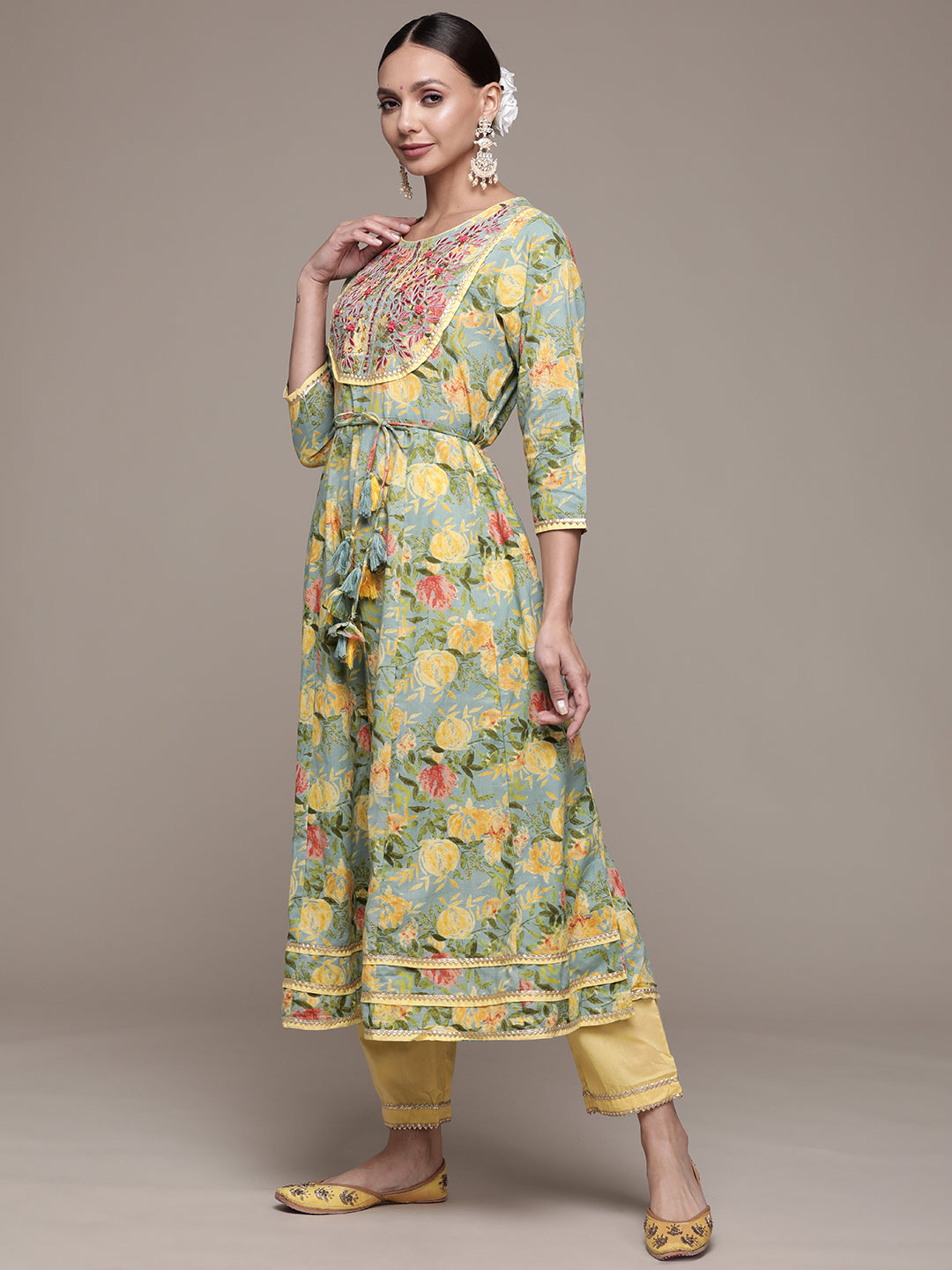 Ishin Women's Green Embroidered Anarkali Kurta with Trouser & Dupatta