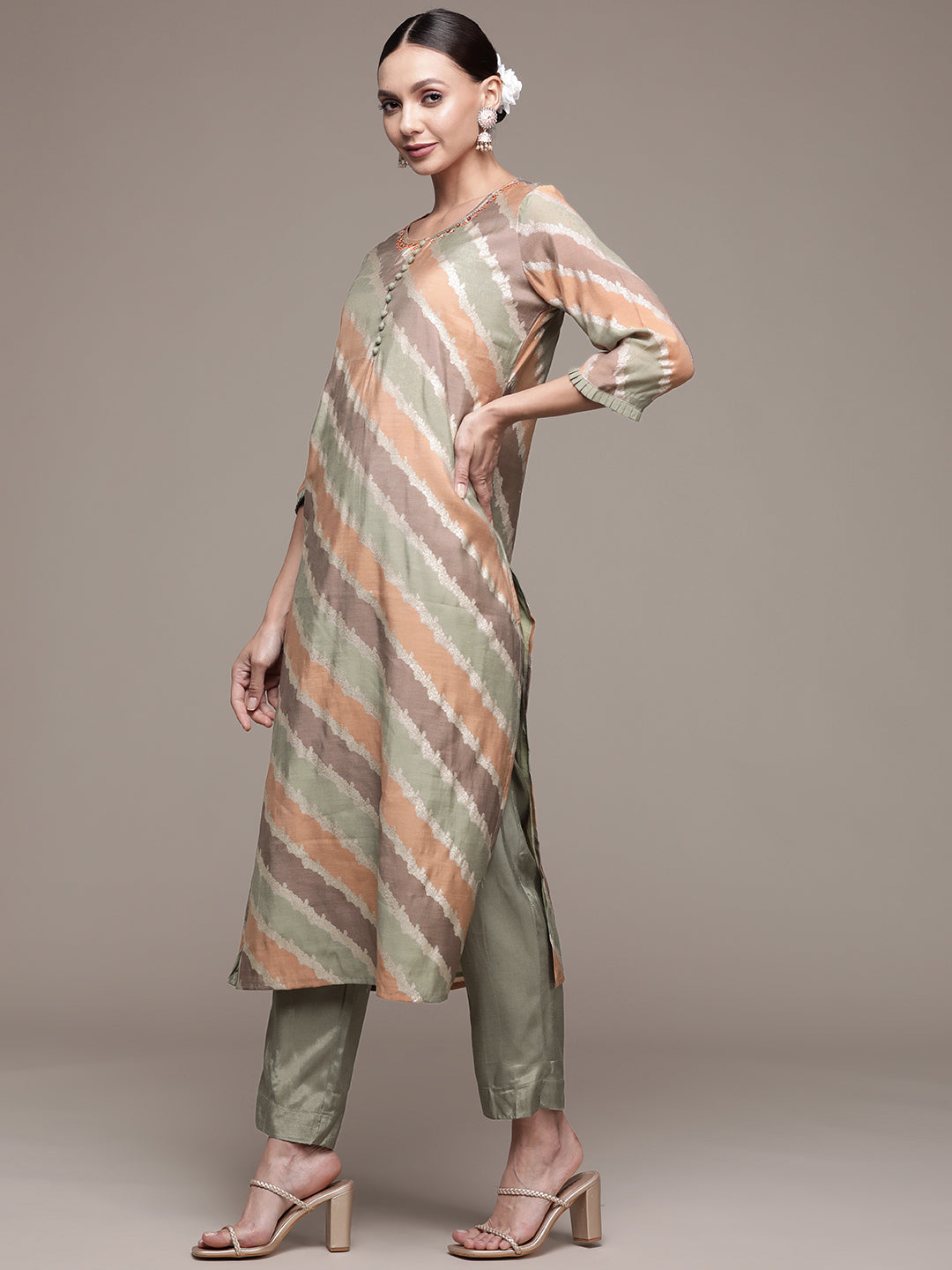 Ishin Women's Multicolored A-Line Kurta with Trouser & Dupatta