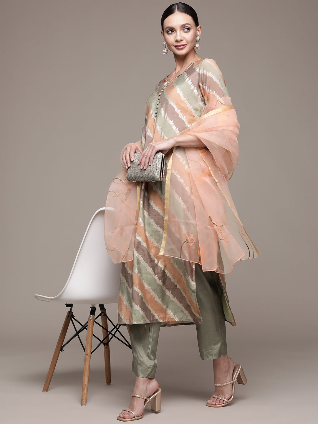 Ishin Women's Multicolored A-Line Kurta with Trouser & Dupatta