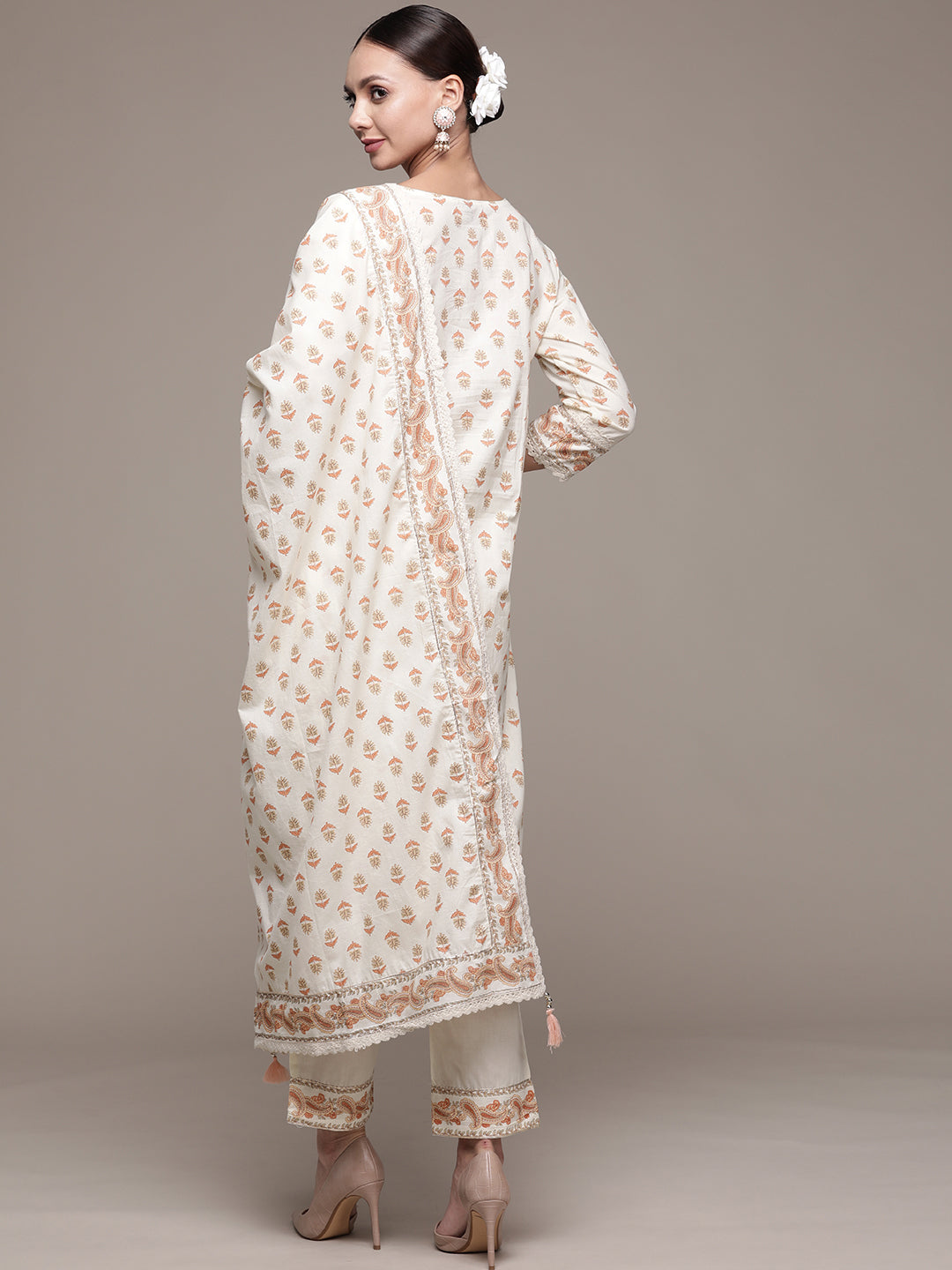 Ishin Women's Cotton Cream Embroidered A-Line Kurta Trouser Dupatta Set