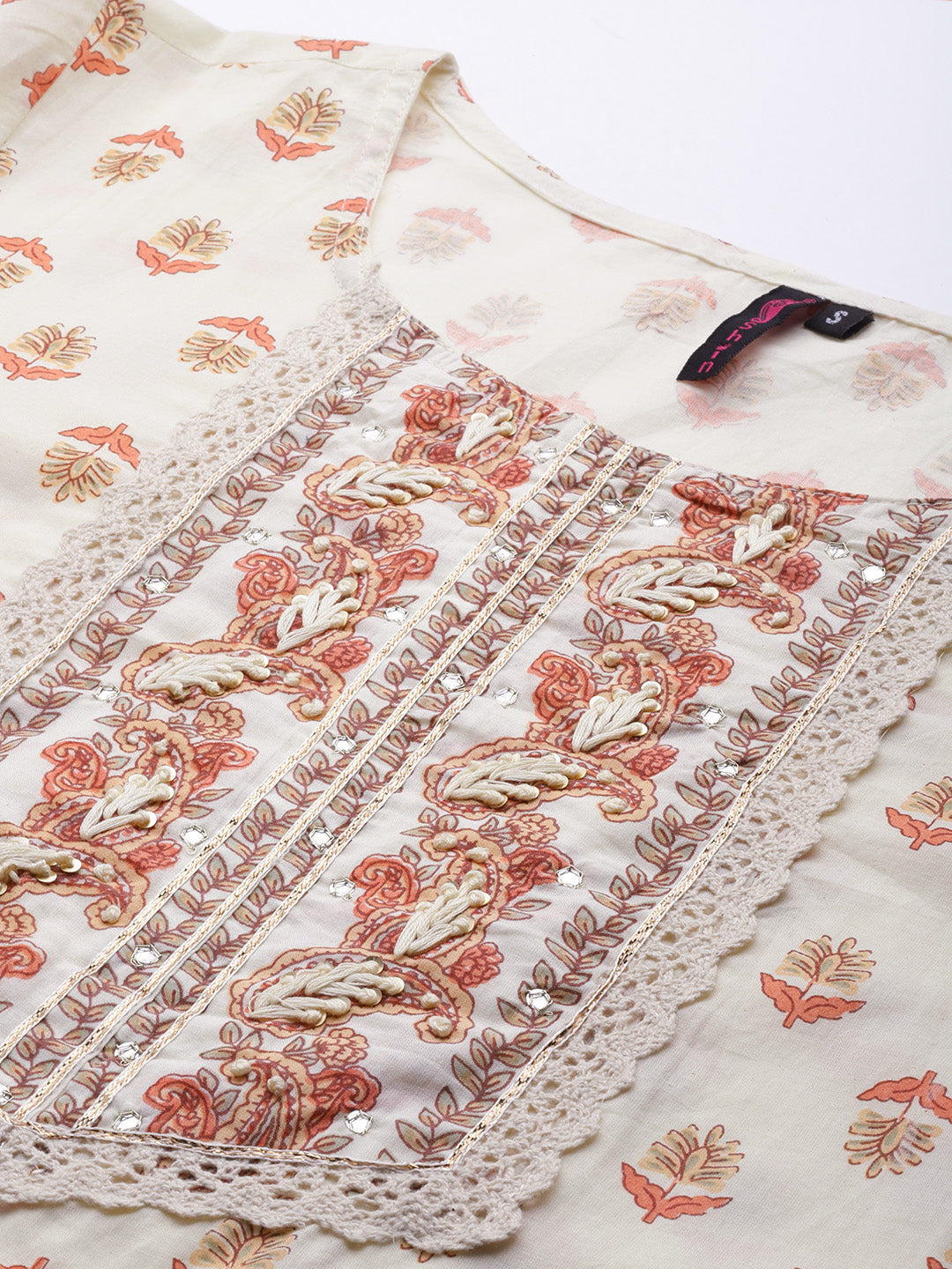 Ishin Women's Cotton Cream Embroidered A-Line Kurta Trouser Dupatta Set