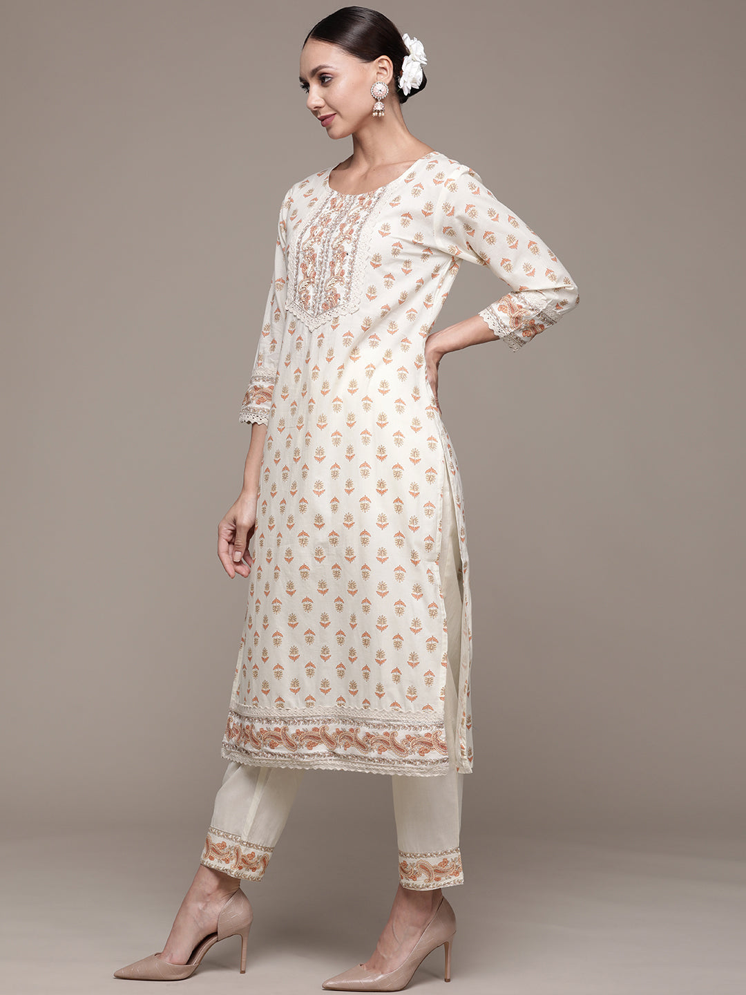 Ishin Women's Cotton Cream Embroidered A-Line Kurta Trouser Dupatta Set