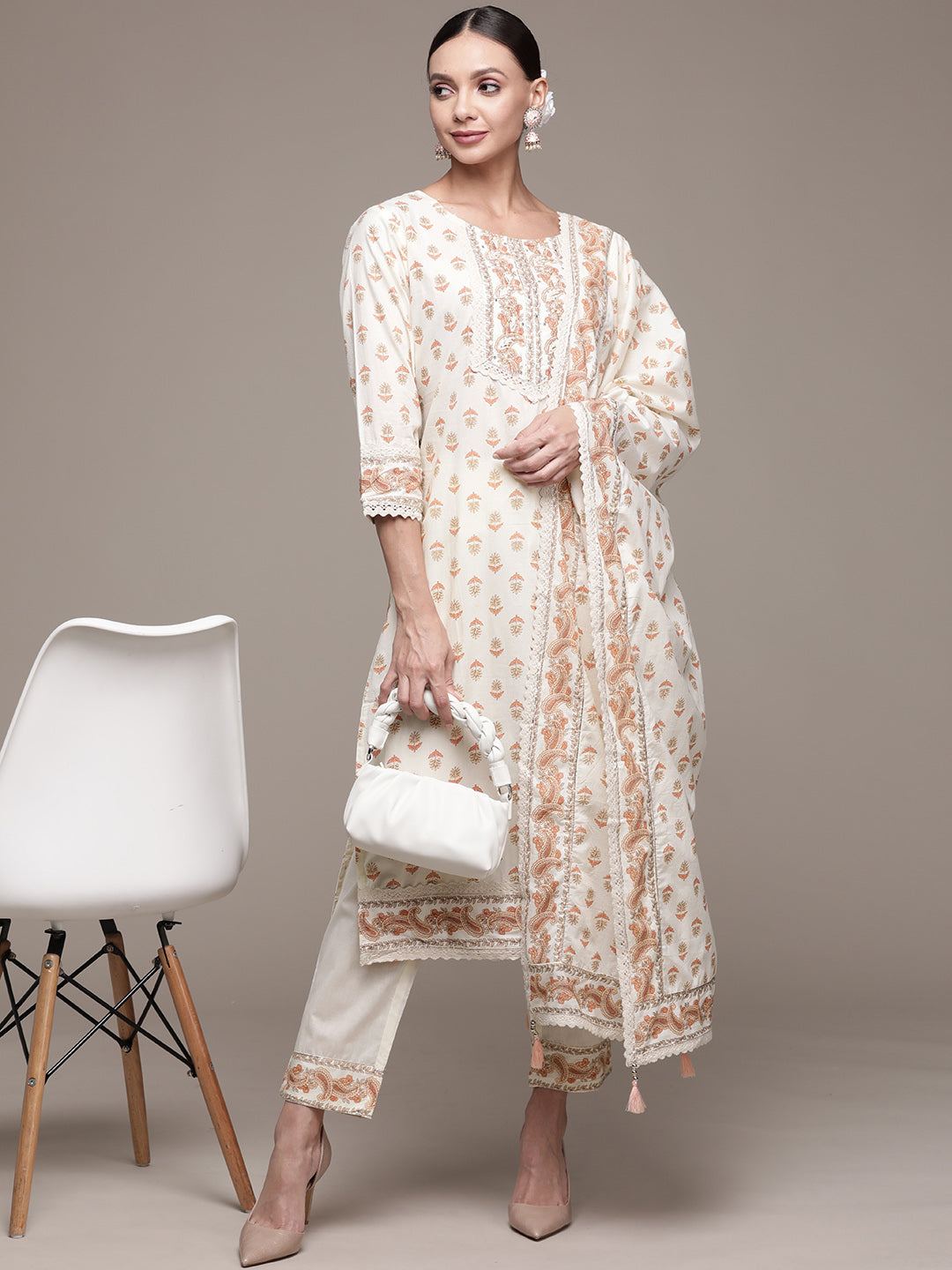 Ishin Women's Cotton Cream Embroidered A-Line Kurta Trouser Dupatta Set