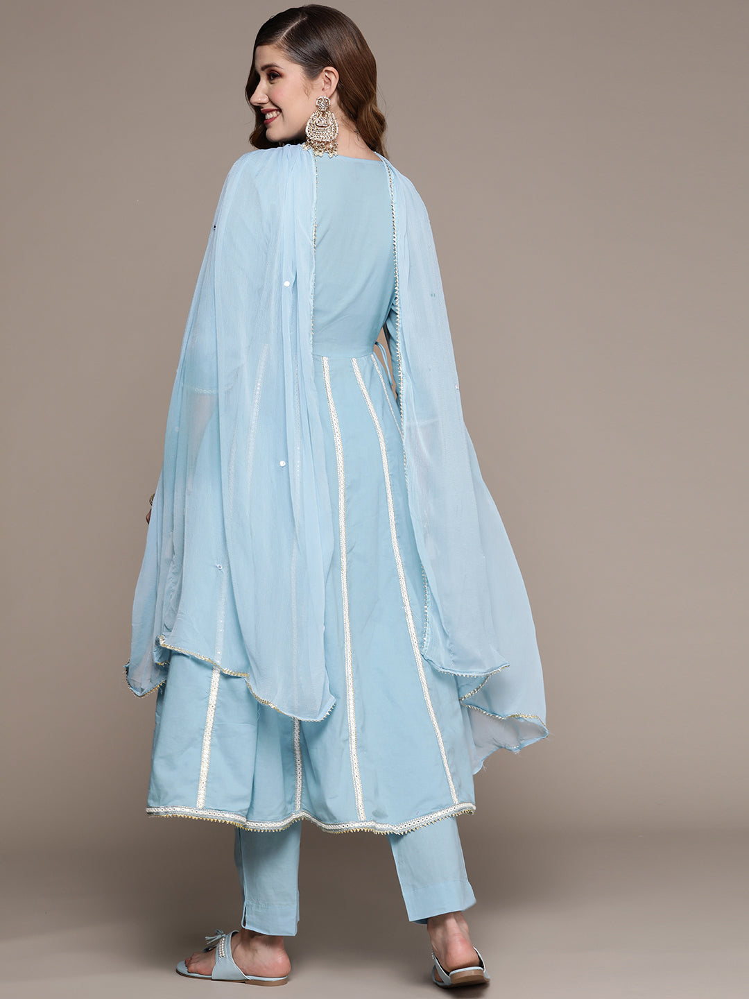 Ishin Women's Blue Embellished Anarkali Kurta with Trouser & Dupatta