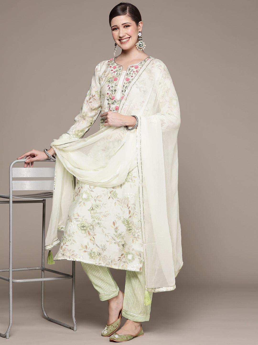 Ishin Women's Off White Gotta patti A-Line Kurta with Trouser & Dupatta