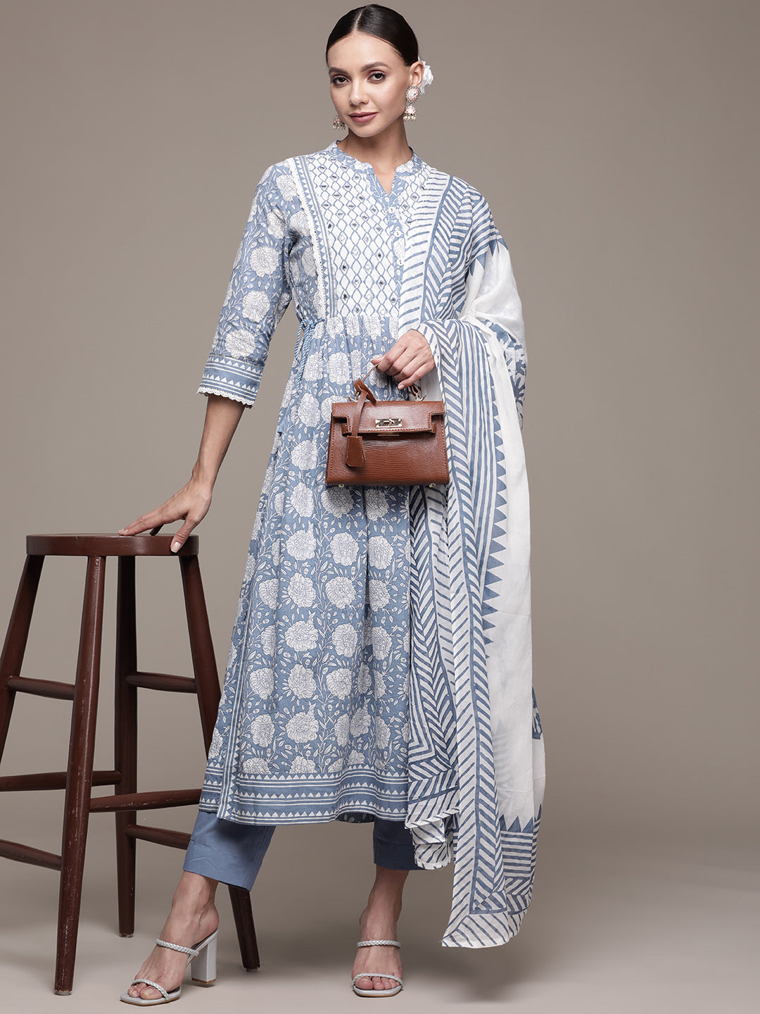 Ishin Women's Cotton Blue & White Embroidered A-Line Kurta Trouser Dupatta Set