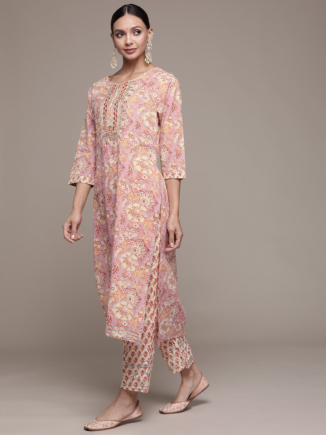 Ishin Women's Cotton Purple & Beige Embroidered A-Line Kurta Trouser Dupatta Set