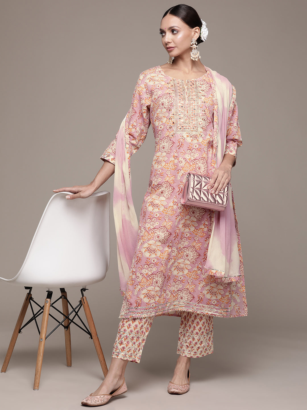 Ishin Women's Cotton Purple & Beige Embroidered A-Line Kurta Trouser Dupatta Set