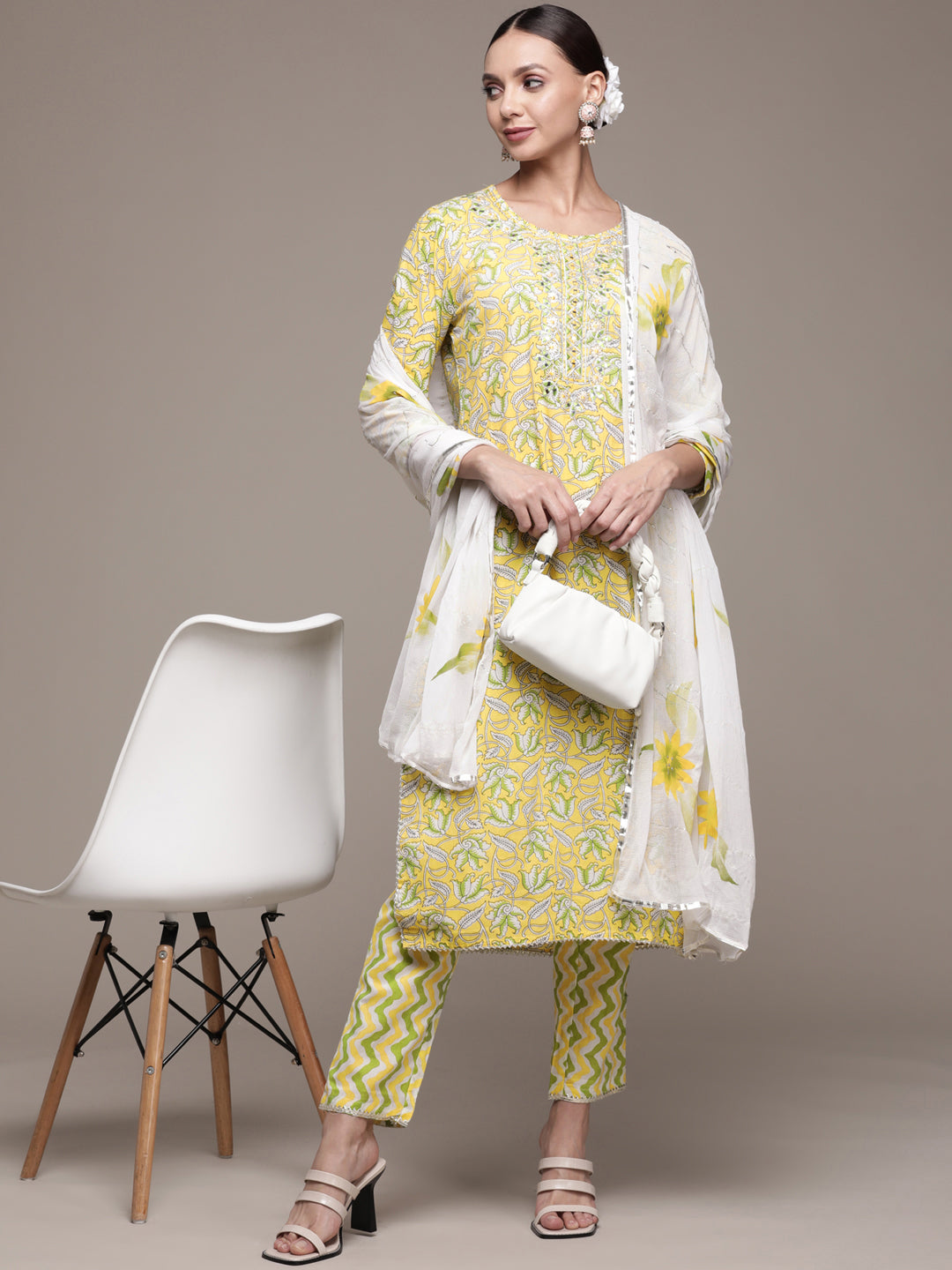 Ishin Women's Cotton Yellow Embroidered A-Line Kurta Trouser Dupatta Set