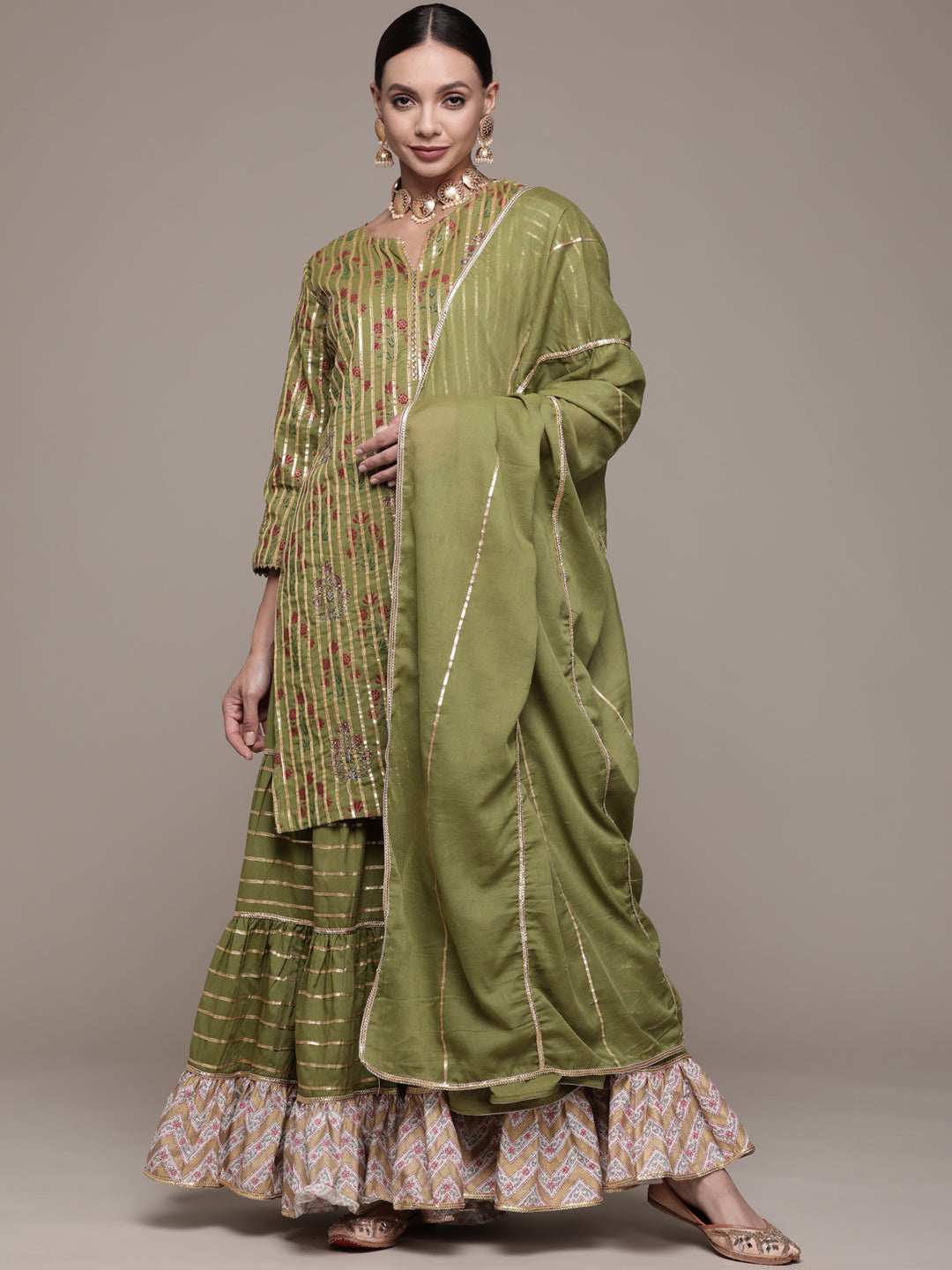 Ishin Women's Cotton Green Embroidered A-Line Kurta Sharara Dupatta Set