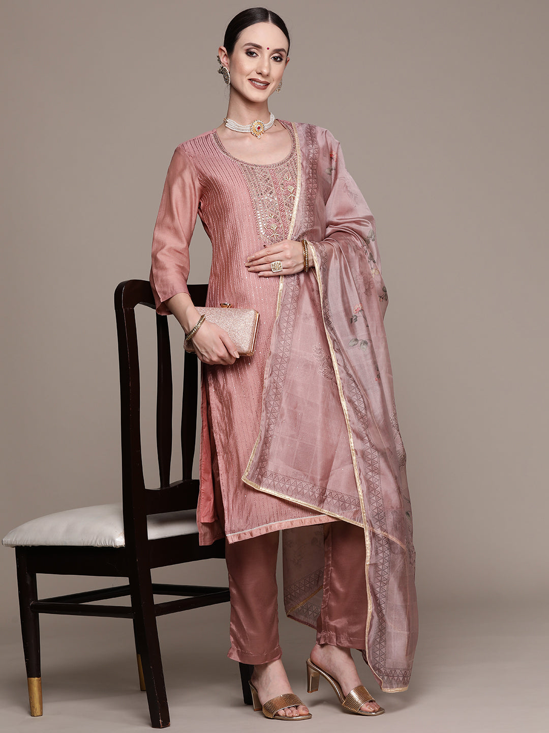 Ishin Women's Mauve Yoke Design A-Line Kurta with Trouser & Dupatta