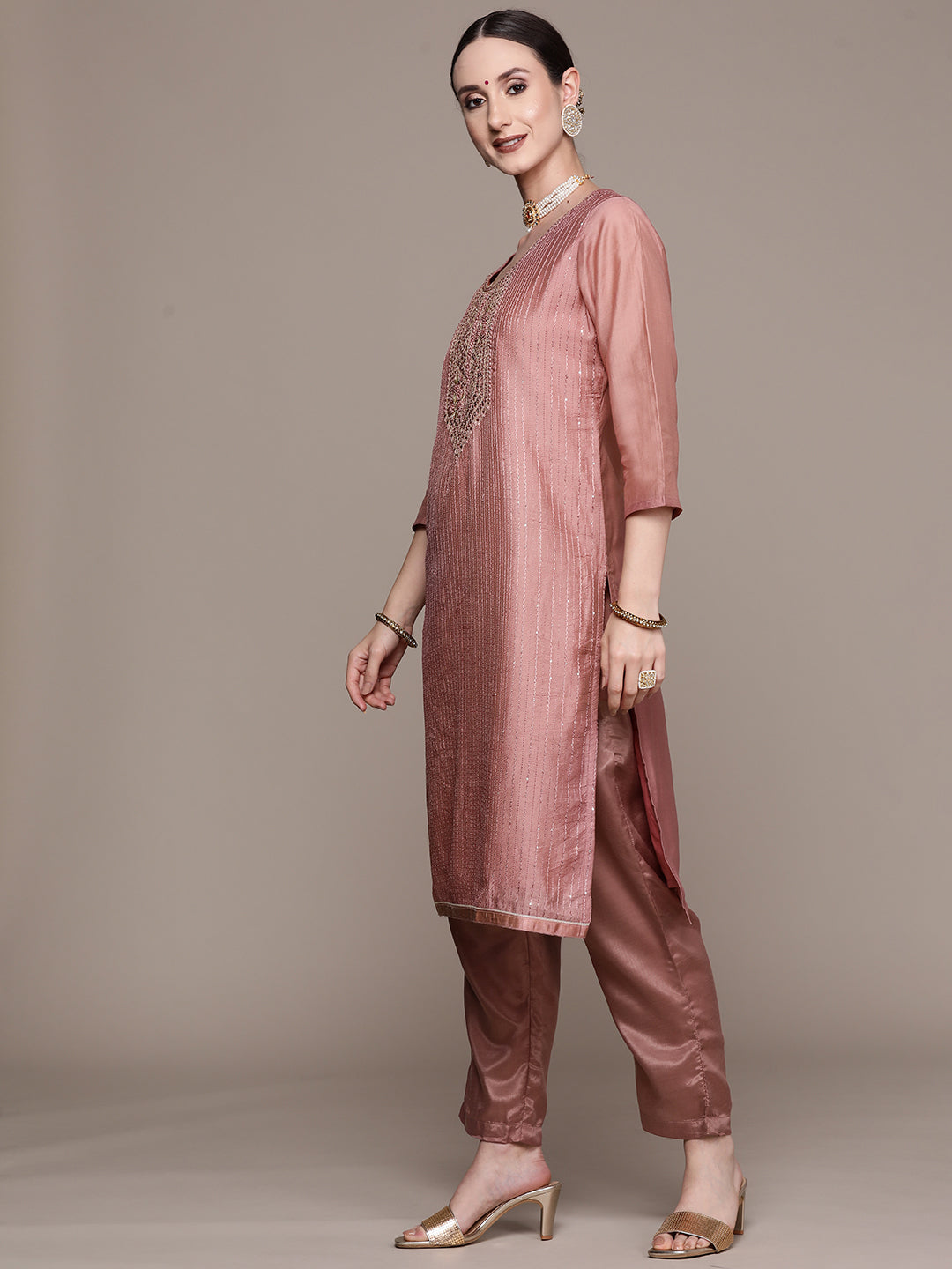 Ishin Women's Mauve Yoke Design A-Line Kurta with Trouser & Dupatta