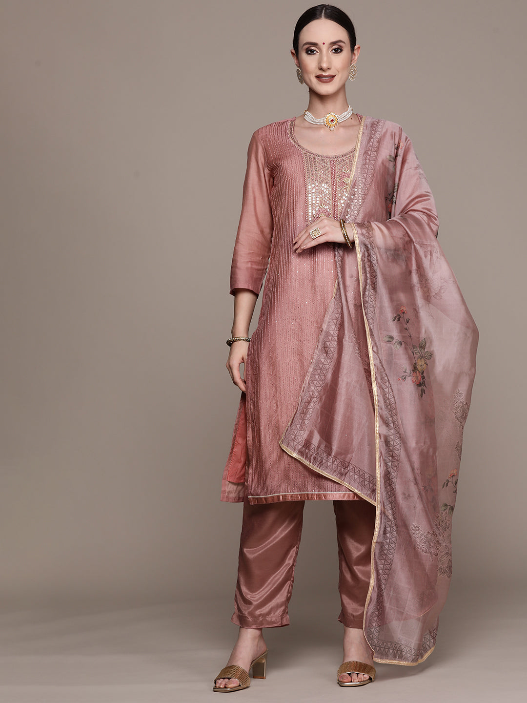 Ishin Women's Mauve Yoke Design A-Line Kurta with Trouser & Dupatta
