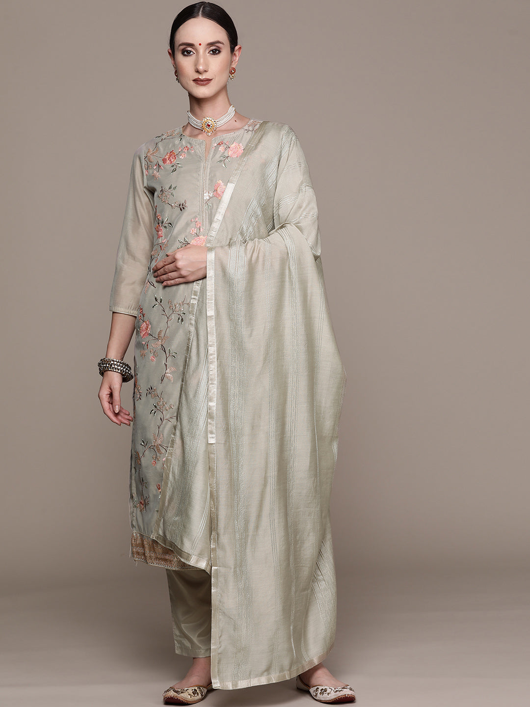 Ishin Women's Green Embroidered A-Line Kurta with Trouser & Dupatta