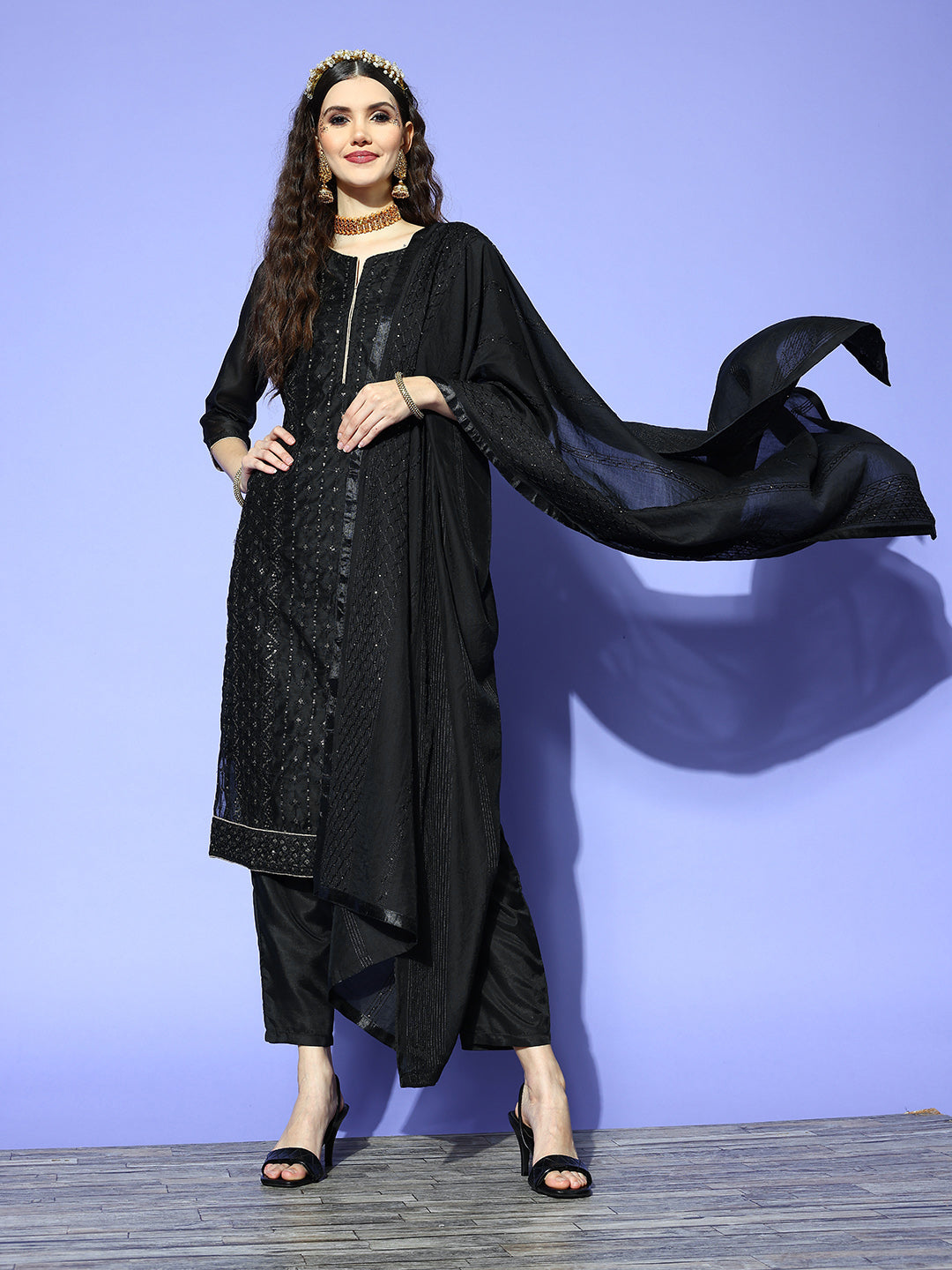 Ishin Women's Black Embellished A-Line Kurta with Trouser & Dupatta