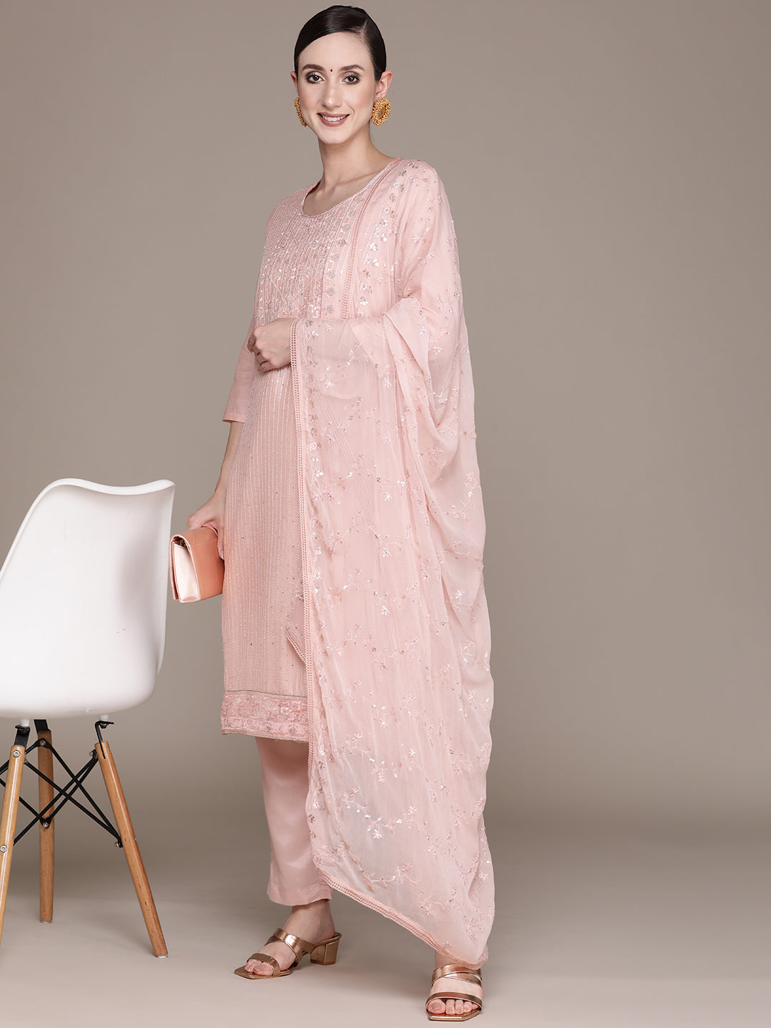 Ishin Women's Peach Yoke Design A-Line Kurta with Trouser & Dupatta