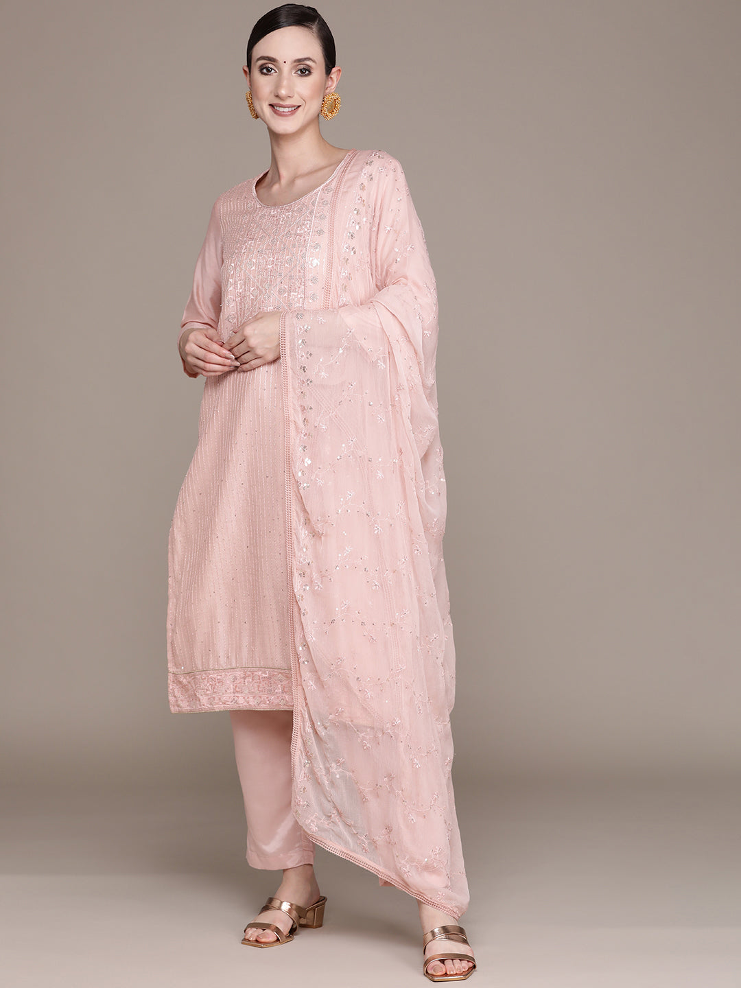Ishin Women's Peach Yoke Design A-Line Kurta with Trouser & Dupatta