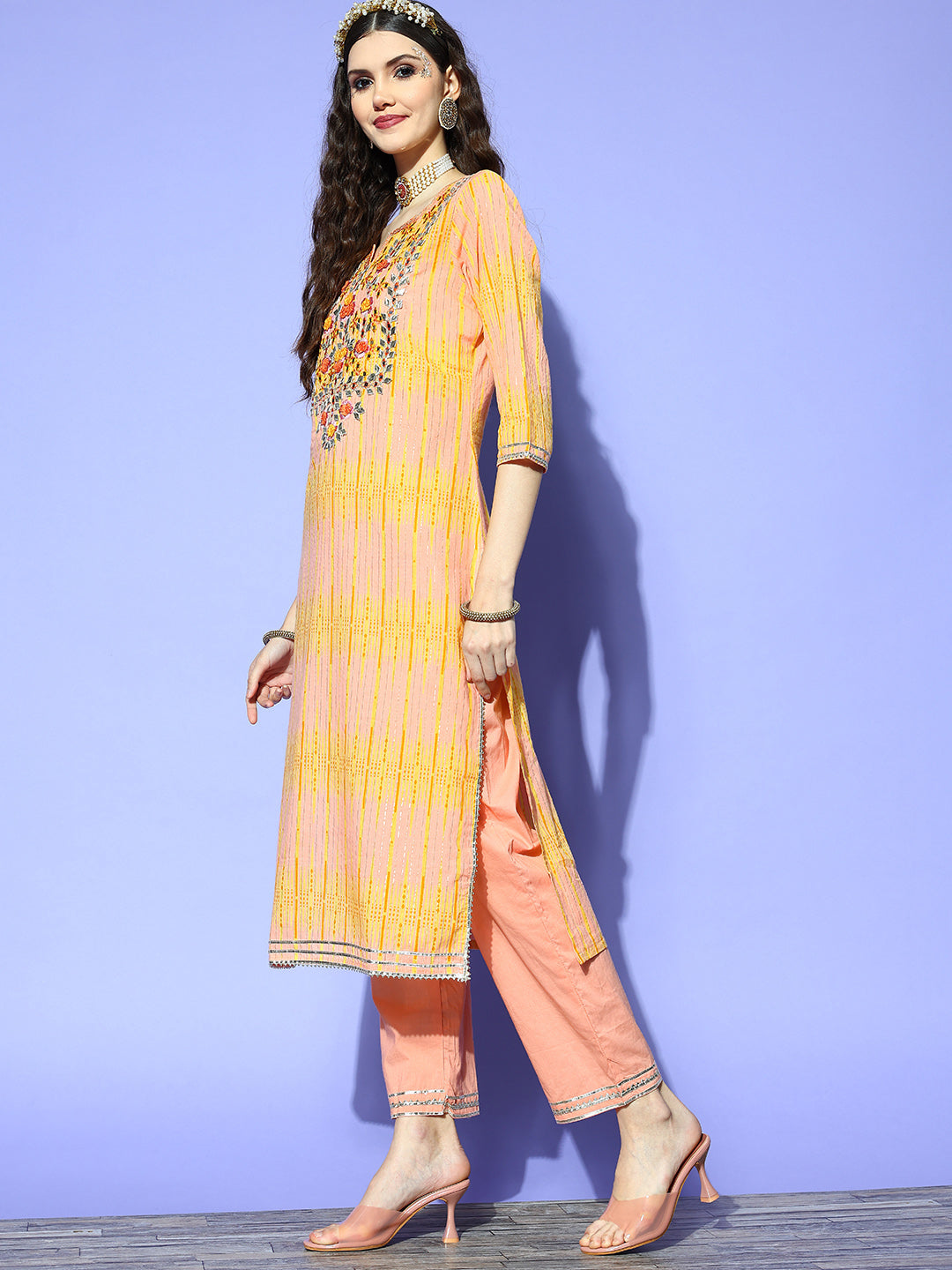 Ishin Women's Pink Embroidered Straight Kurta with Trouser & Dupatta