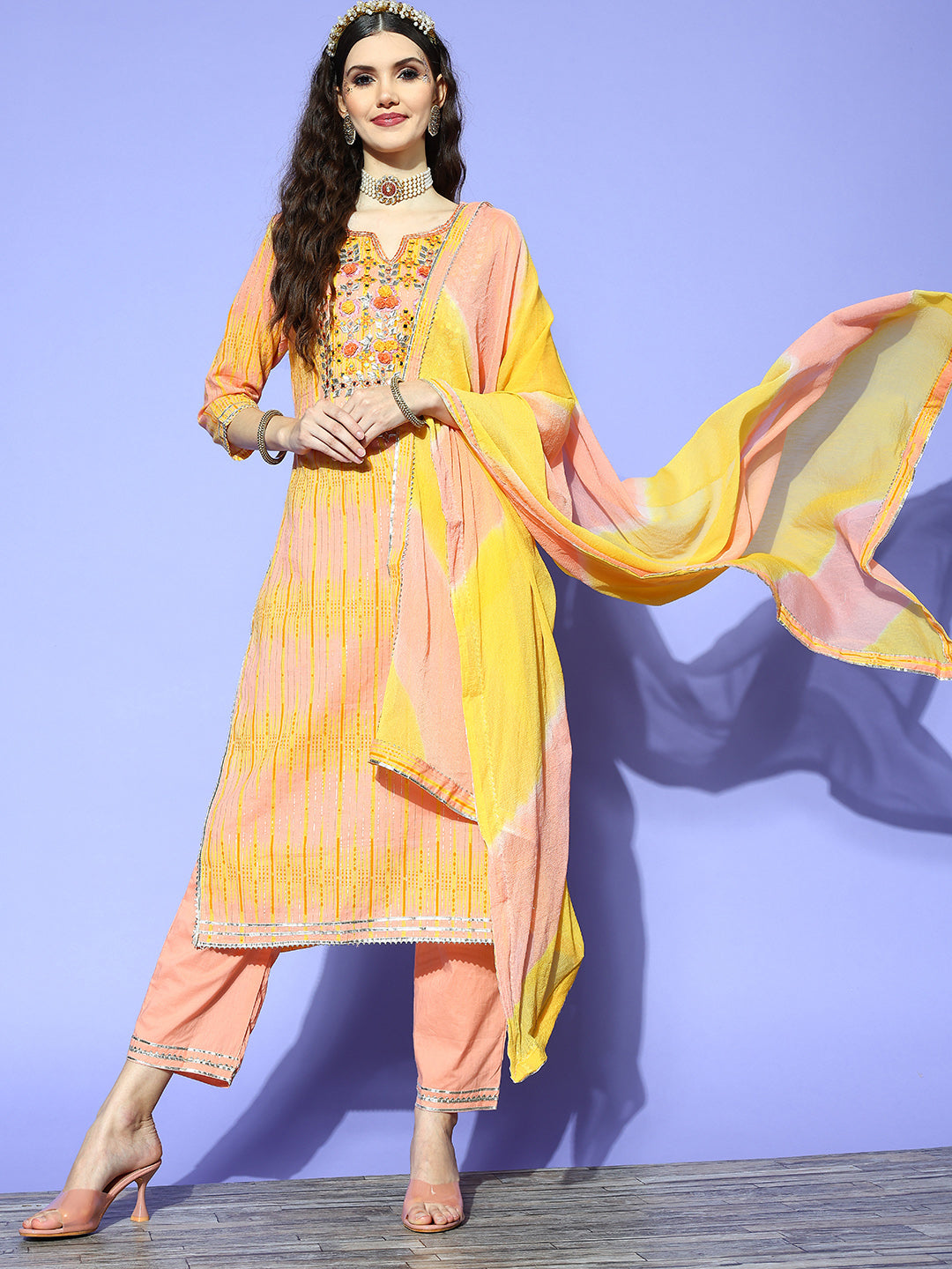 Ishin Women's Pink Embroidered Straight Kurta with Trouser & Dupatta