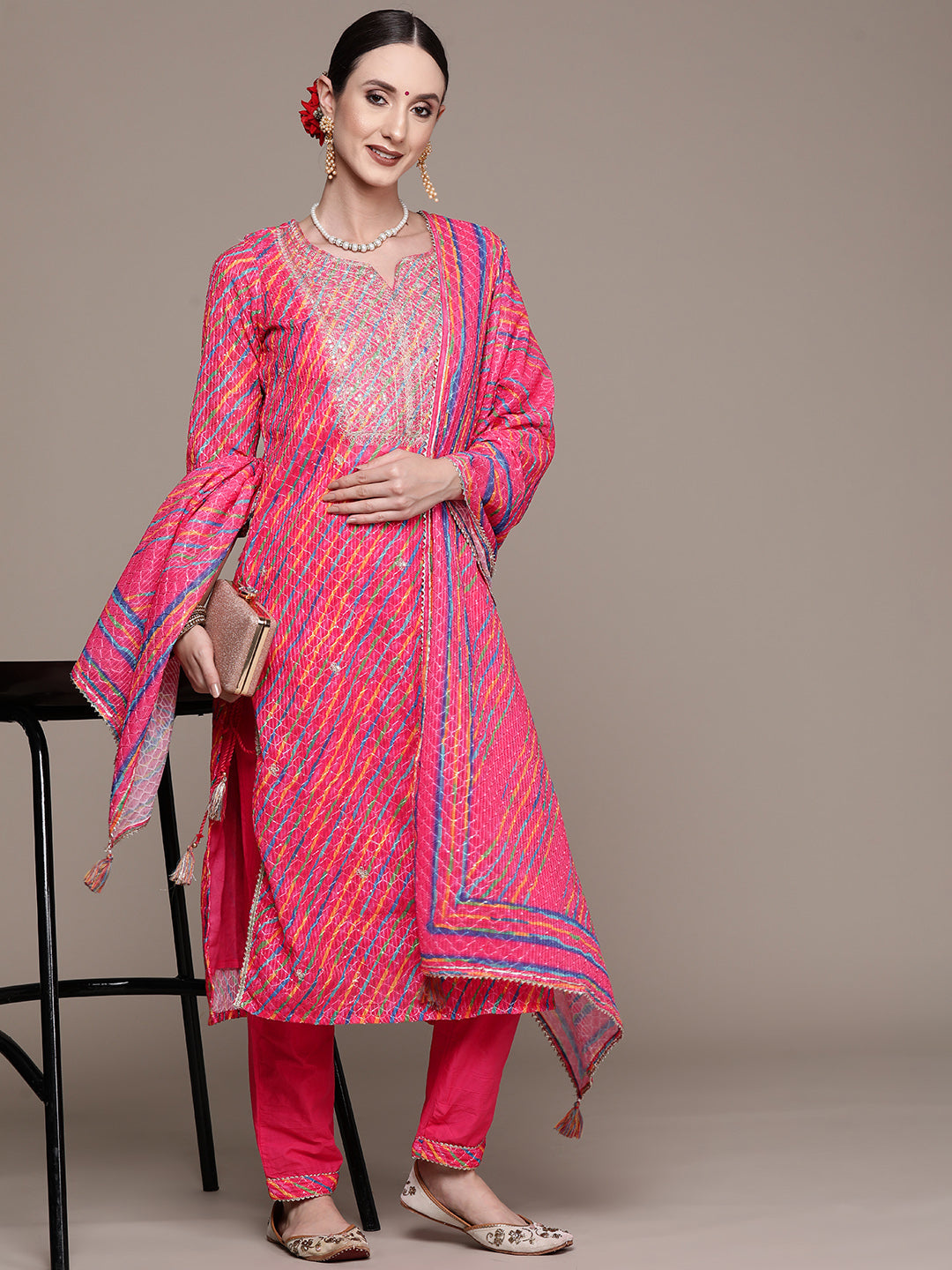 Ishin Women's Pink Embroidered A-line Kurta with Trouser & Dupatta