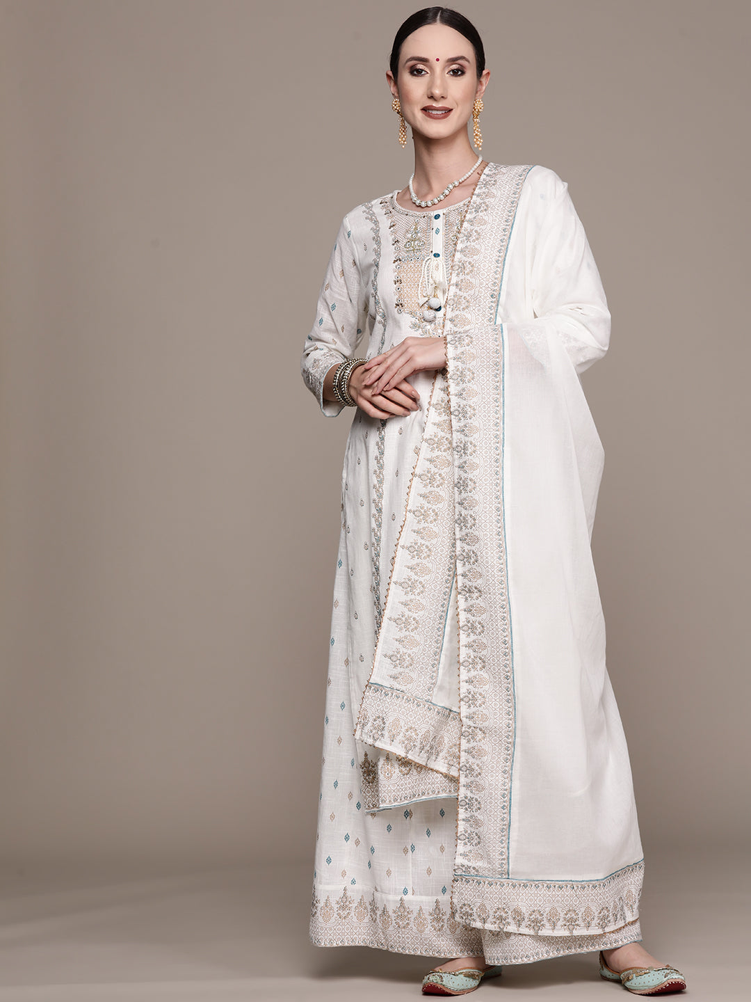 Ishin Women's Off White Embroidered A-line Kurta with Sharara & Dupatta