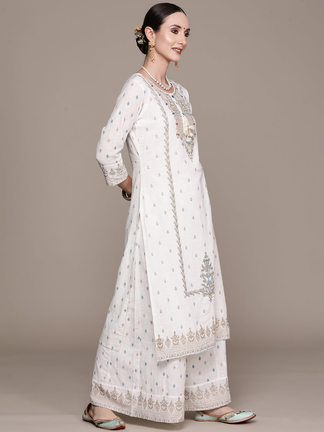 Ishin Women's Off White Embroidered A-line Kurta with Sharara & Dupatta