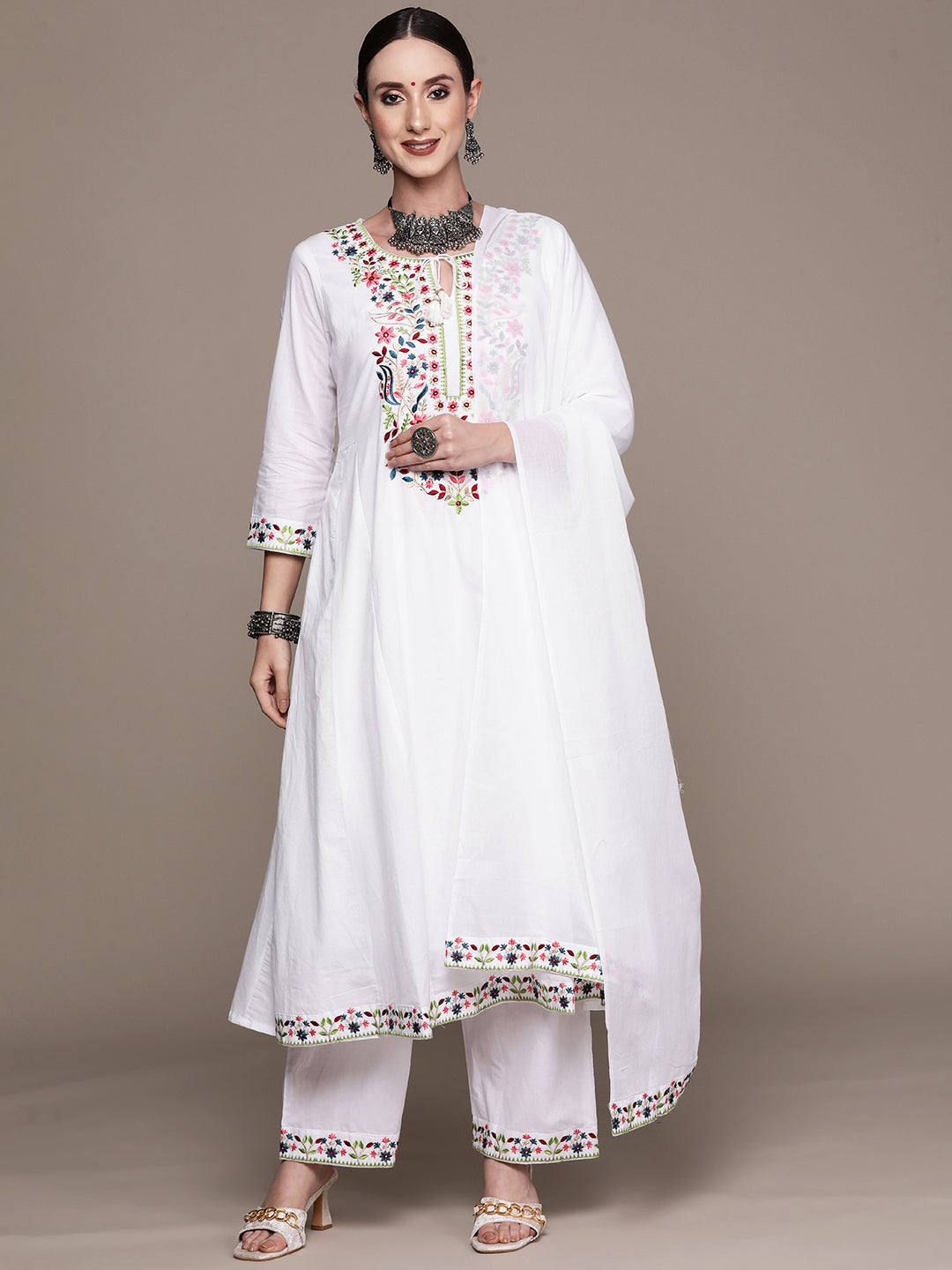 Ishin Women's White Embroidered Anarkali Kurta with Trouser & Dupatta