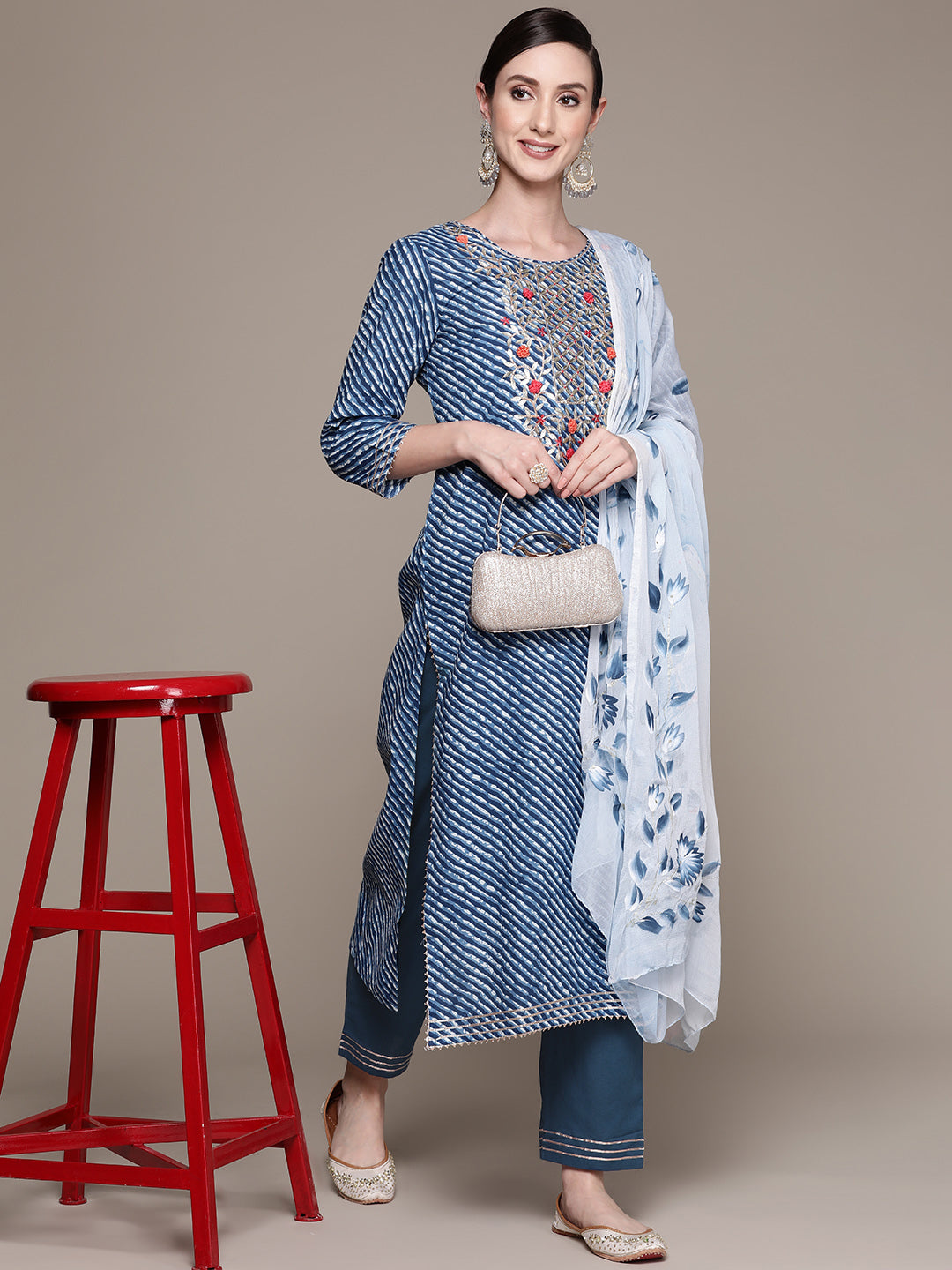 Ishin Women's Cotton Blue Embroidered A-Line Kurta with Trouser & Dupatta