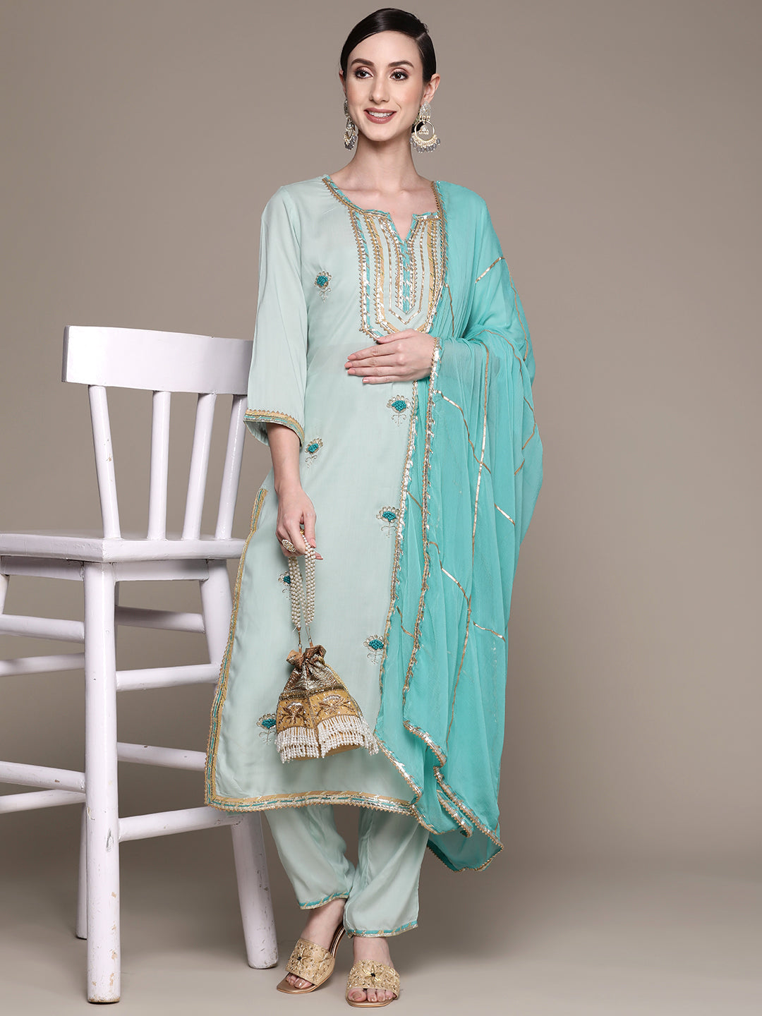 Ishin Women's Rayon Sea Green Embroidered A-Line Kurta with Trouser & Dupatta