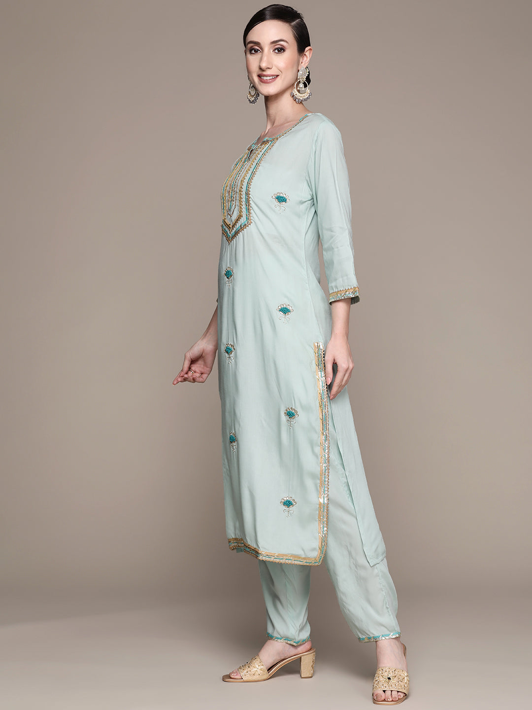 Ishin Women's Rayon Sea Green Embroidered A-Line Kurta with Trouser & Dupatta