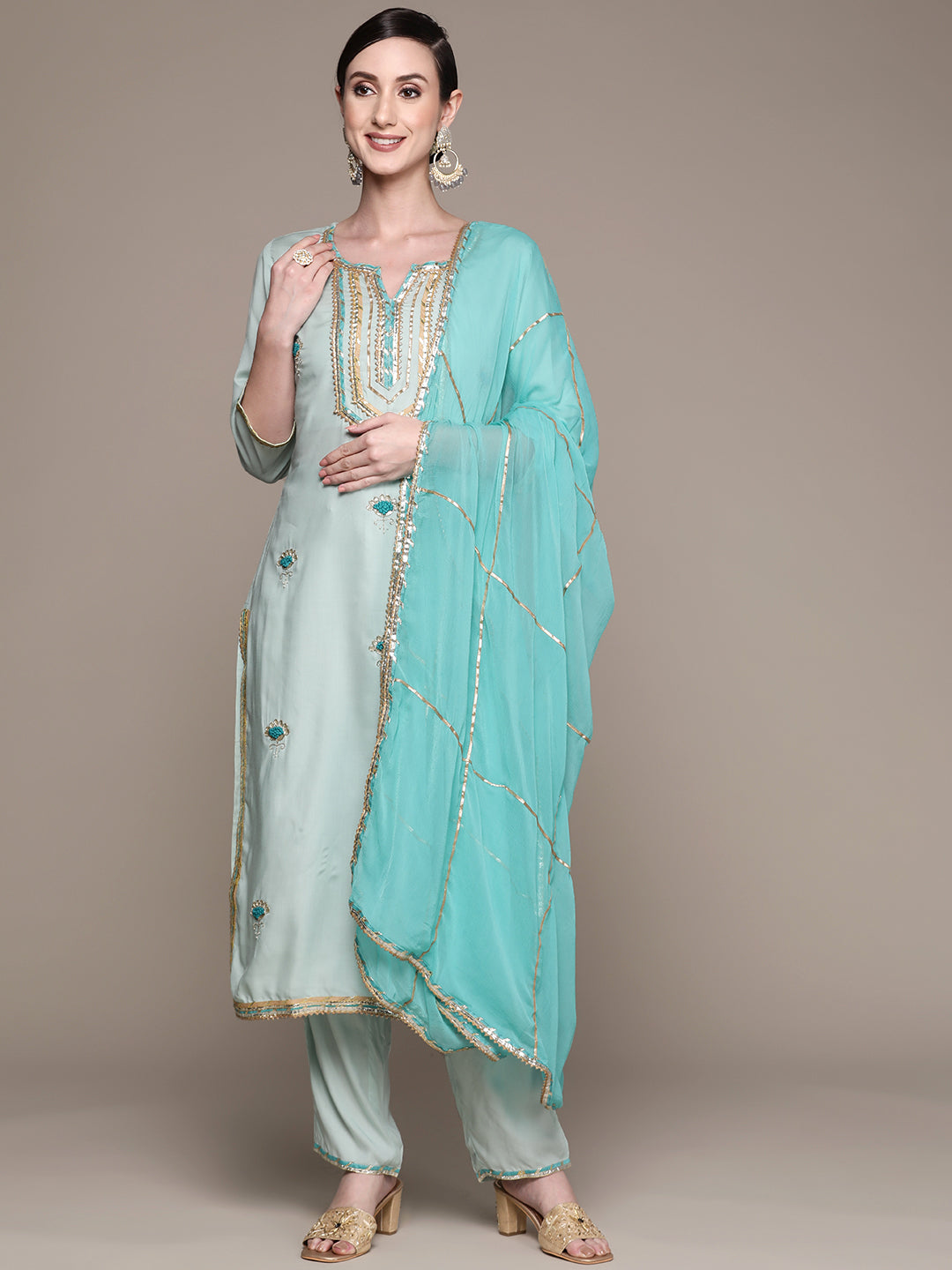 Ishin Women's Rayon Sea Green Embroidered A-Line Kurta with Trouser & Dupatta